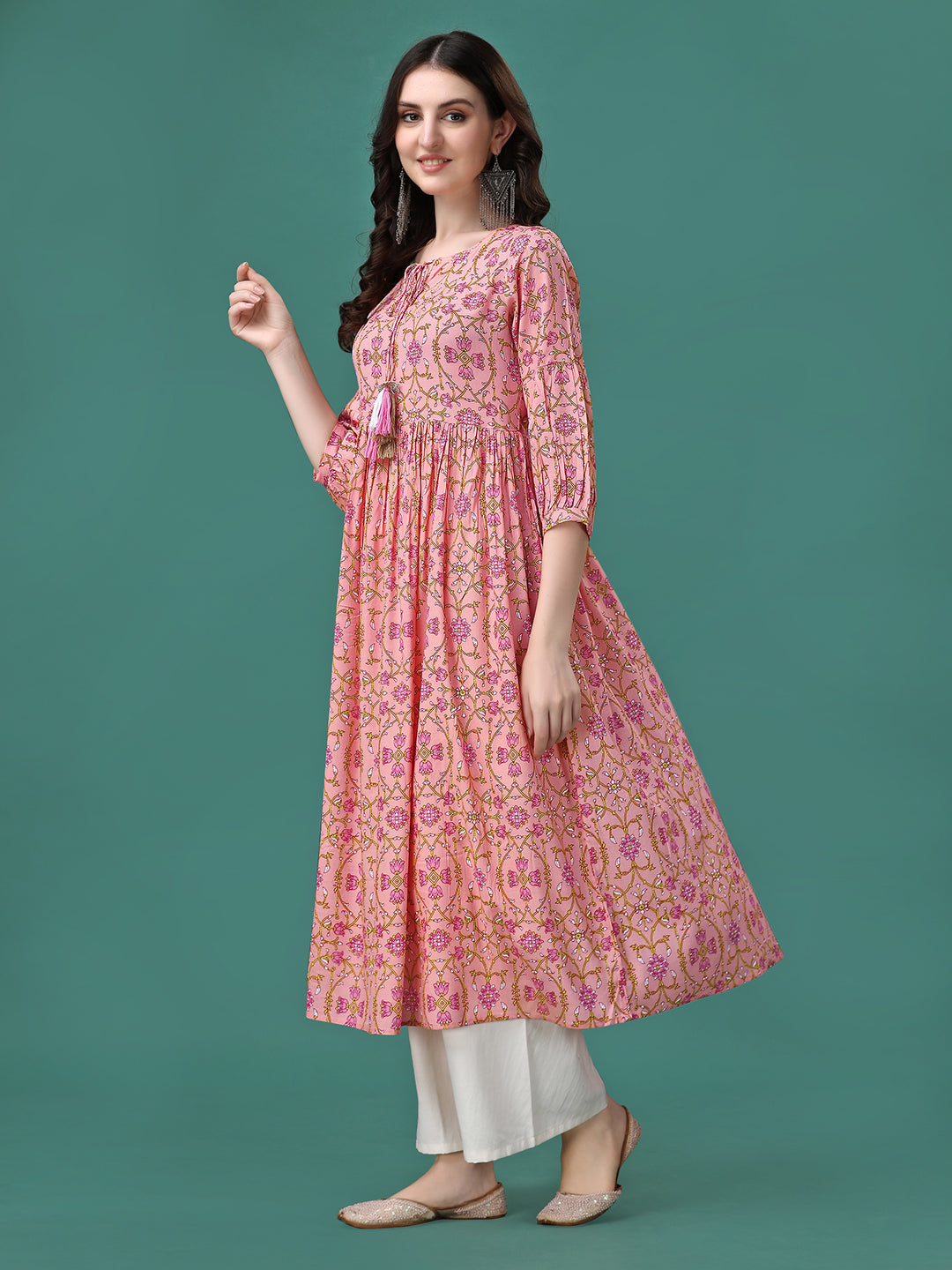 Floral Printed Flared Tie up Neck Kurta