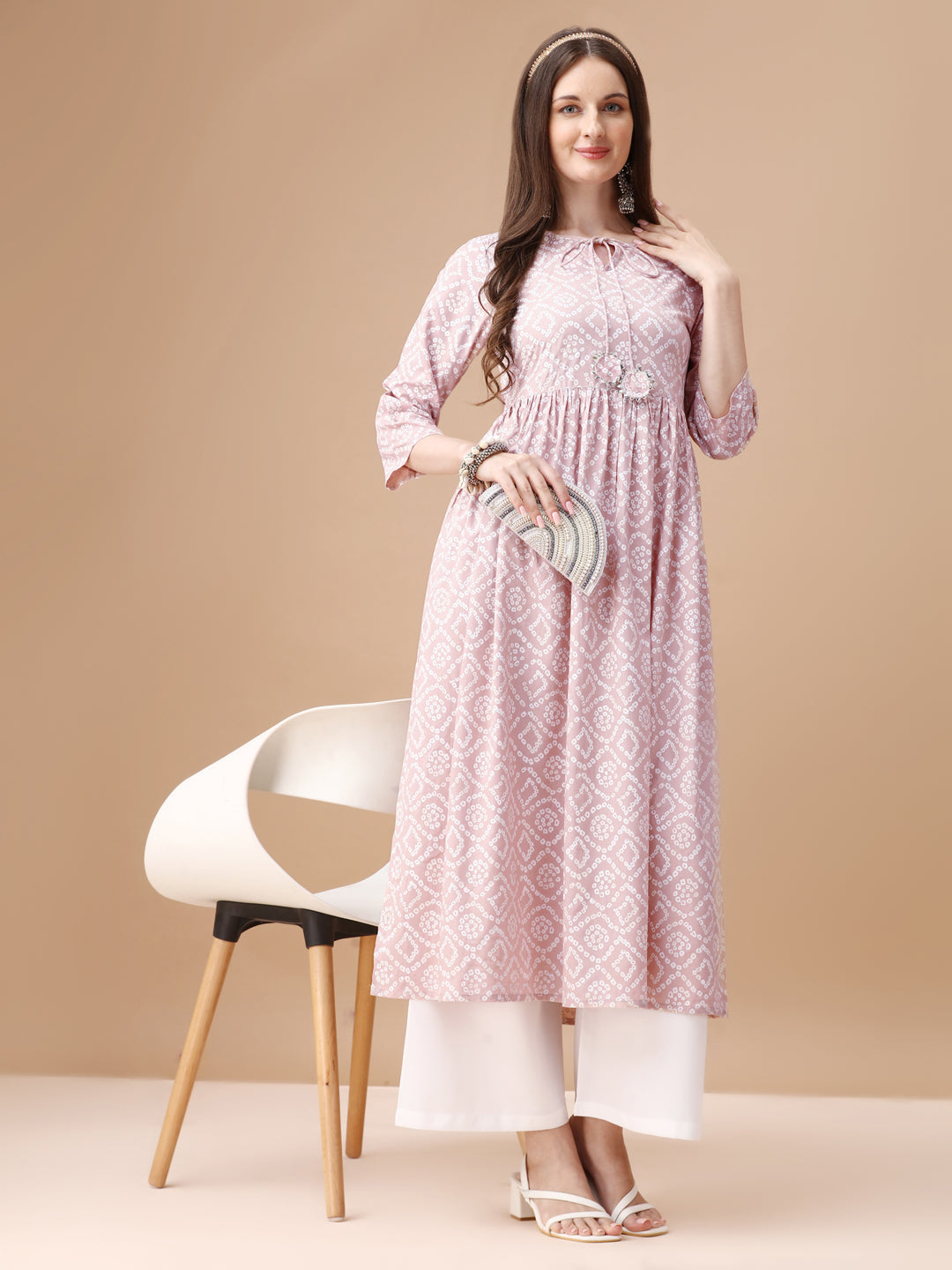 Bandhani Printed Flared Tie up neck kurta