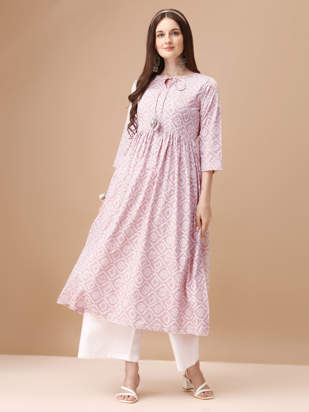 Bandhani Printed Flared Tie up neck kurta