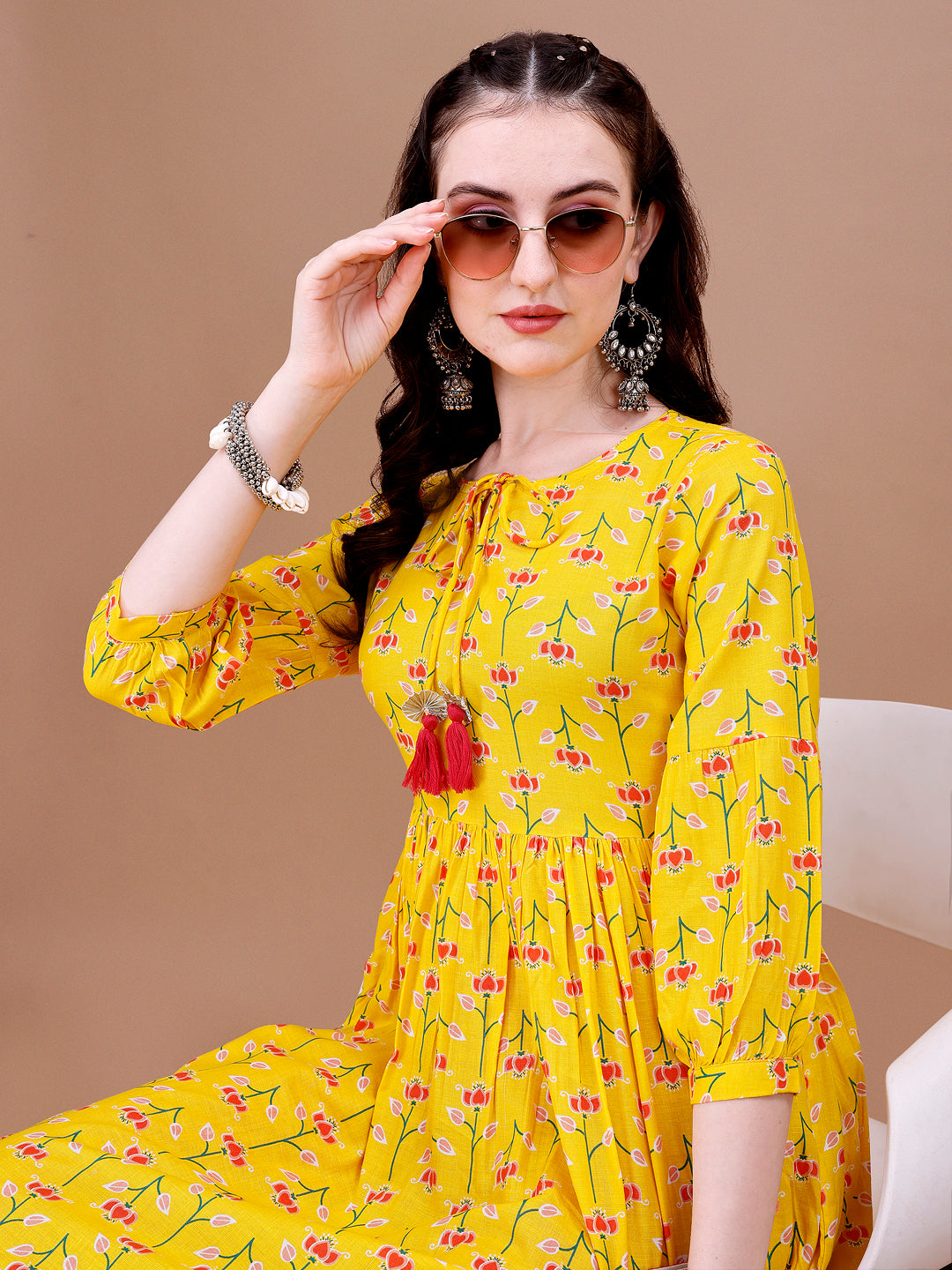 Floral Printed Flared Tie up neck kurta