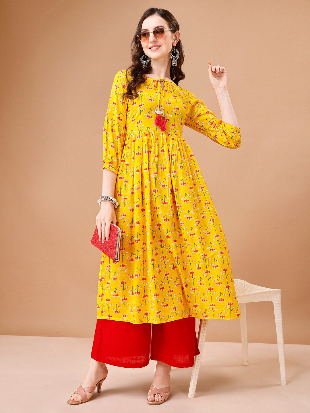 Floral Printed Flared Tie up neck kurta