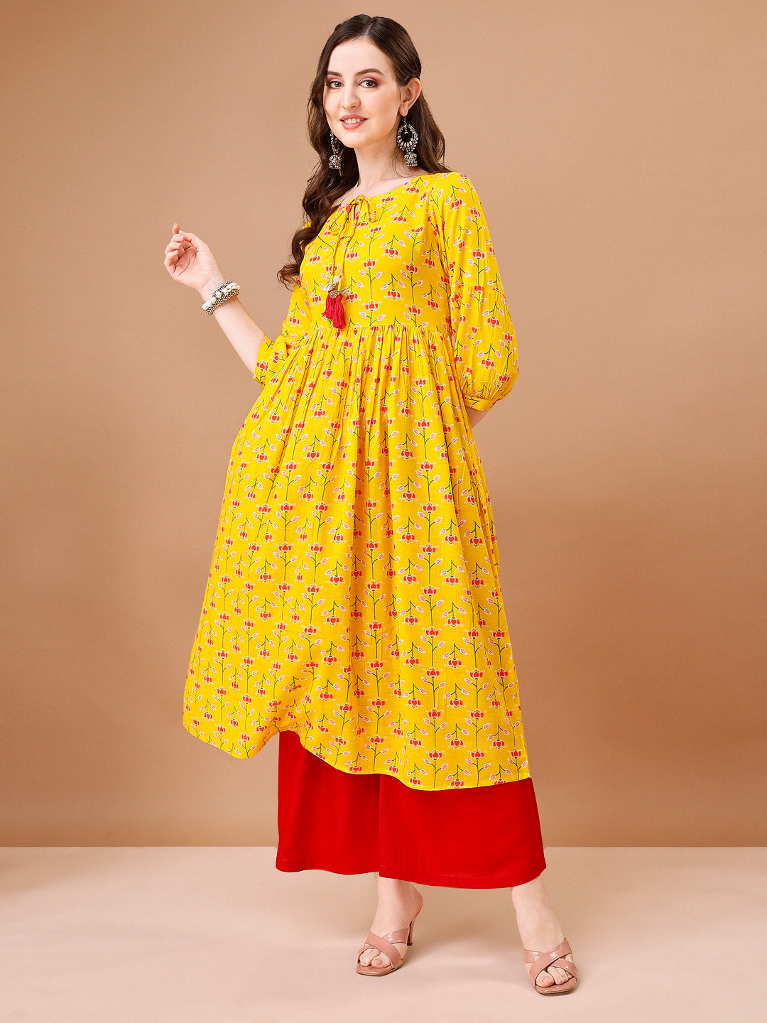 Floral Printed Flared Tie up neck kurta