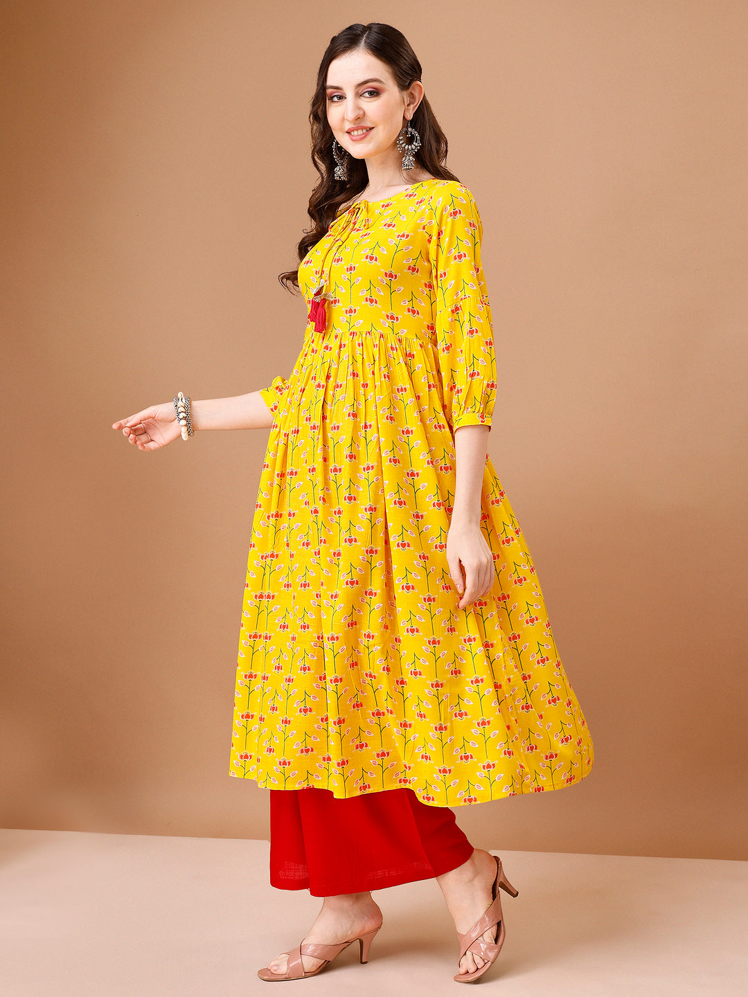 Floral Printed Flared Tie up neck kurta