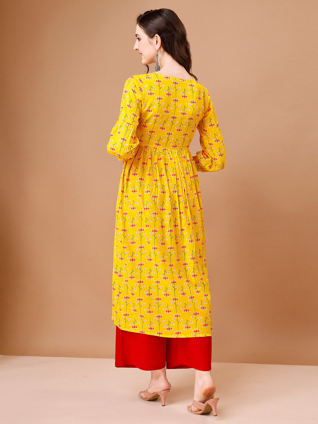 Floral Printed Flared Tie up neck kurta