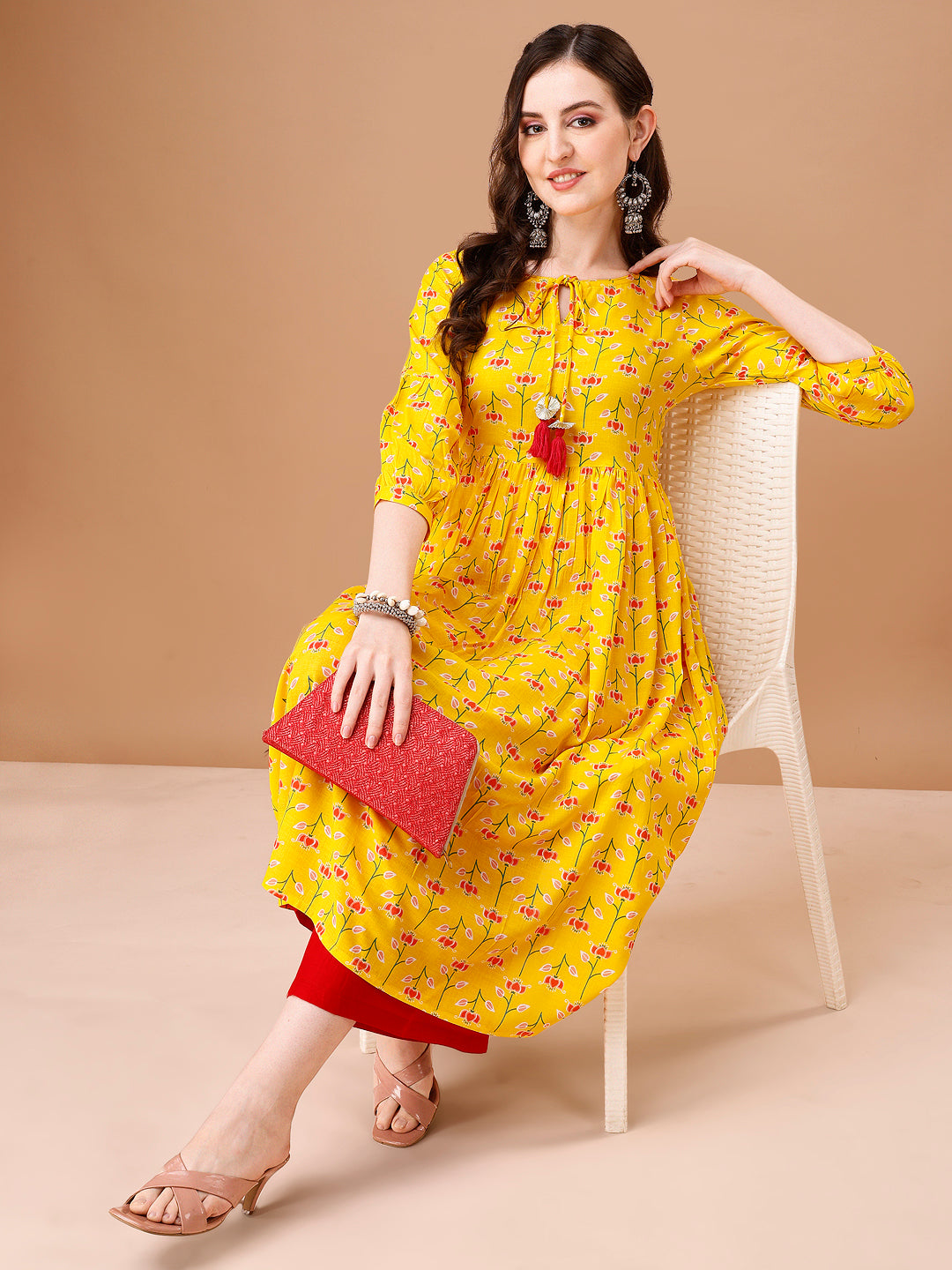 Floral Printed Flared Tie up neck kurta