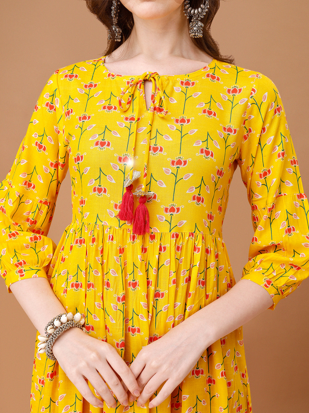 Floral Printed Flared Tie up neck kurta