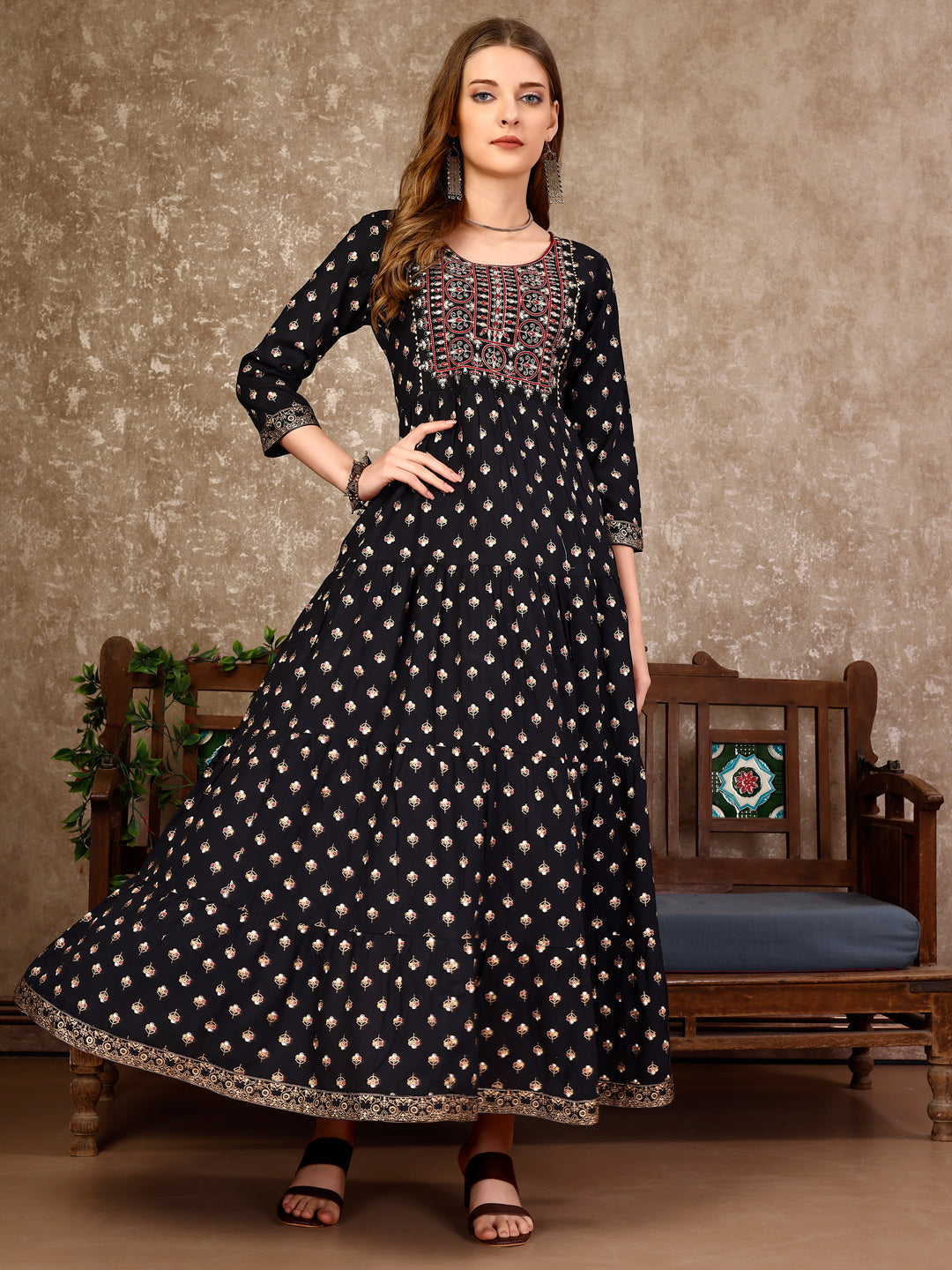 Embroidered & Printed Flared Rayon Kurta premium Luxury