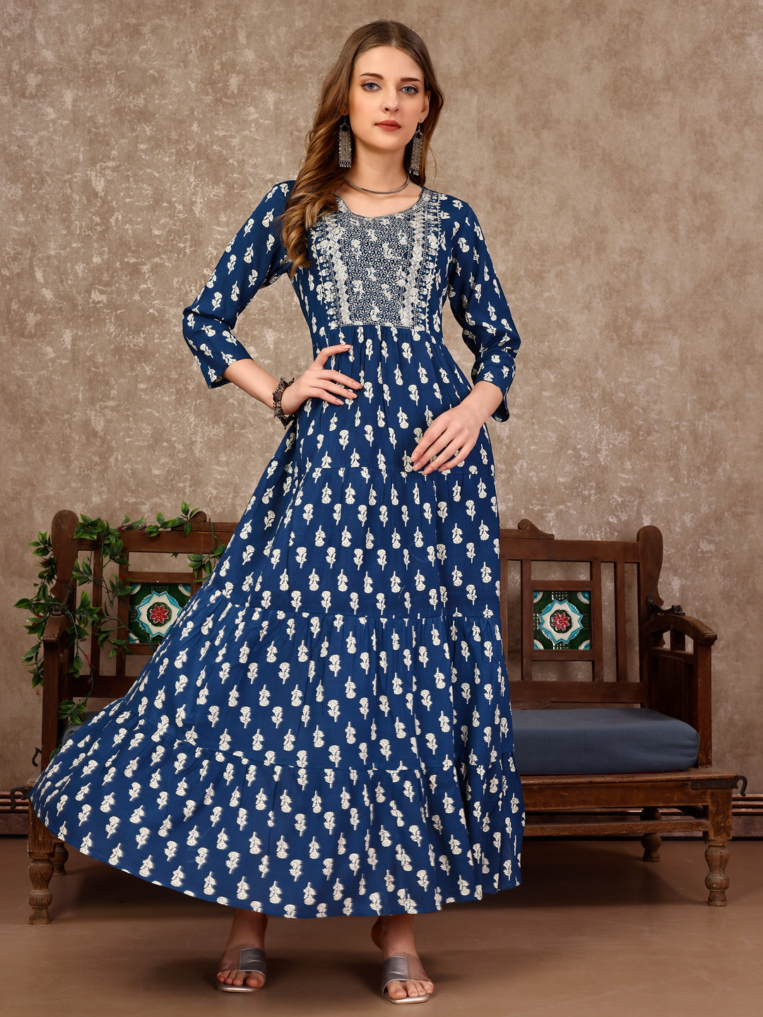 Embroidered & Printed Flared Rayon Kurta premium Luxury