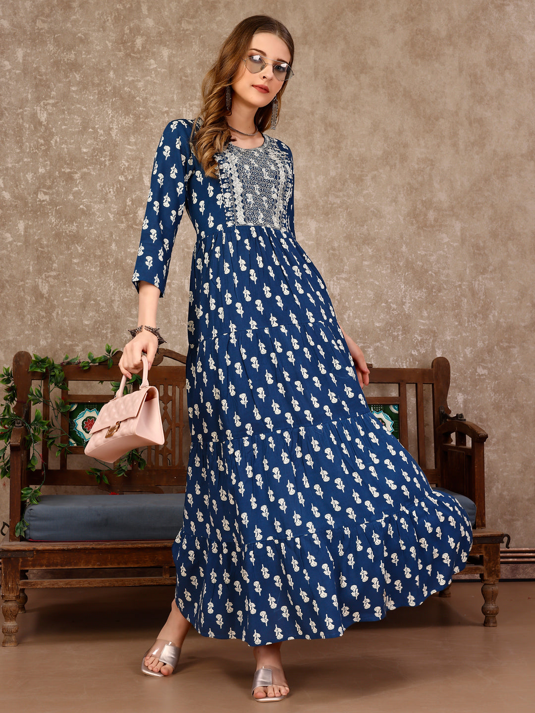 Embroidered & Printed Flared Rayon Kurta premium Luxury