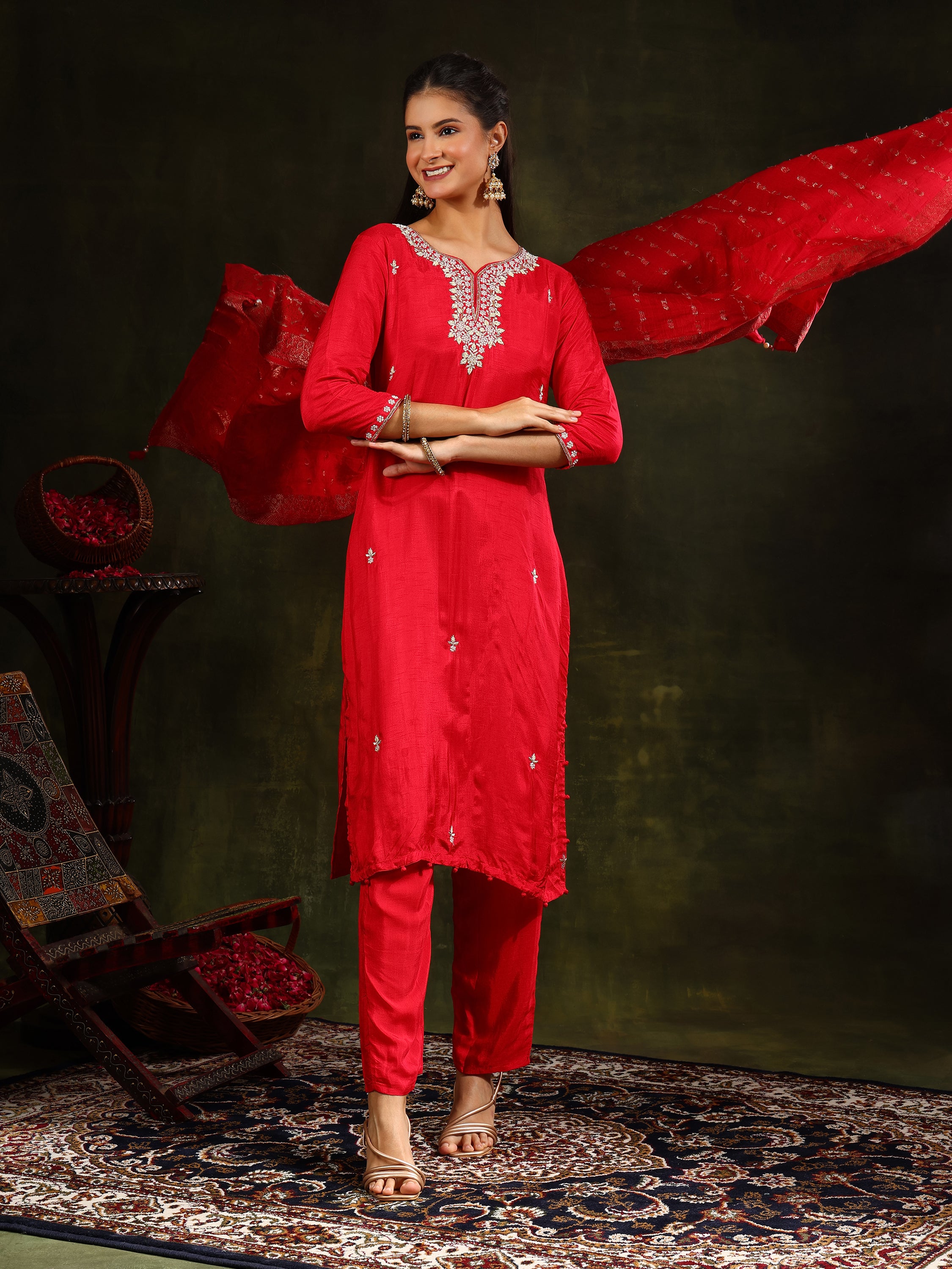 Hand Embroidered kurta with pant & banarasi Silk Dupatta