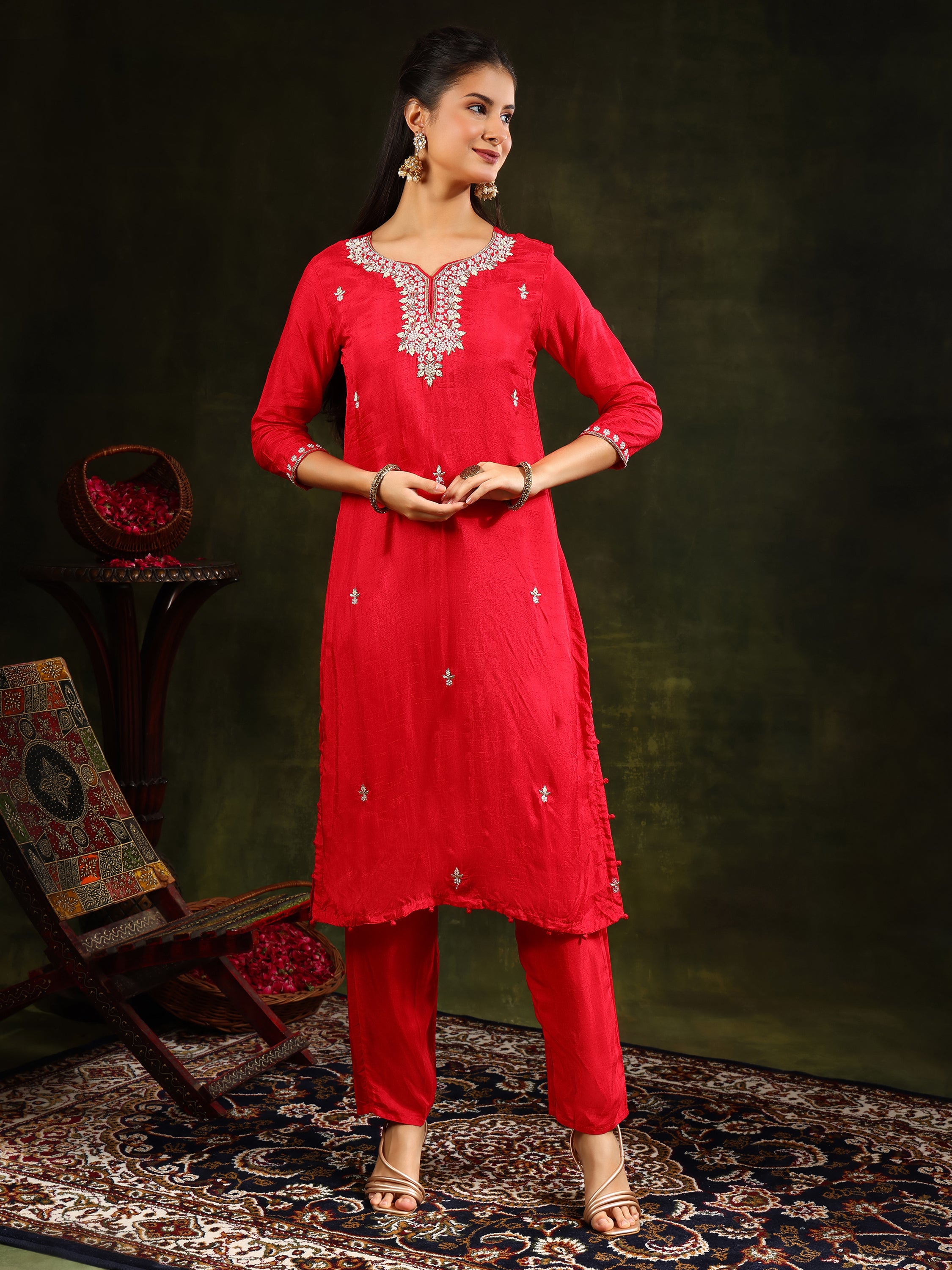 Hand Embroidered kurta with pant & banarasi Silk Dupatta