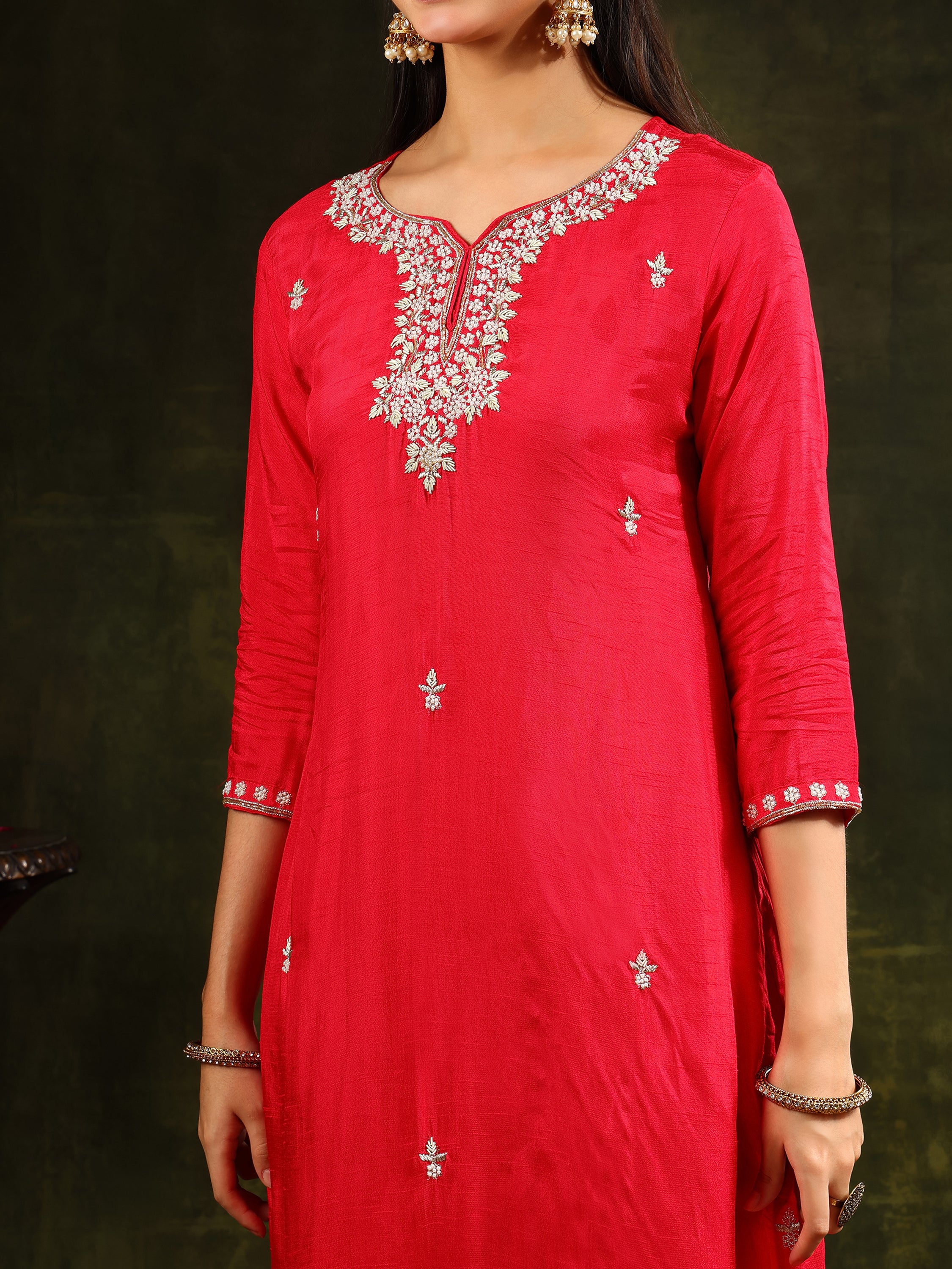 Hand Embroidered kurta with pant & banarasi Silk Dupatta