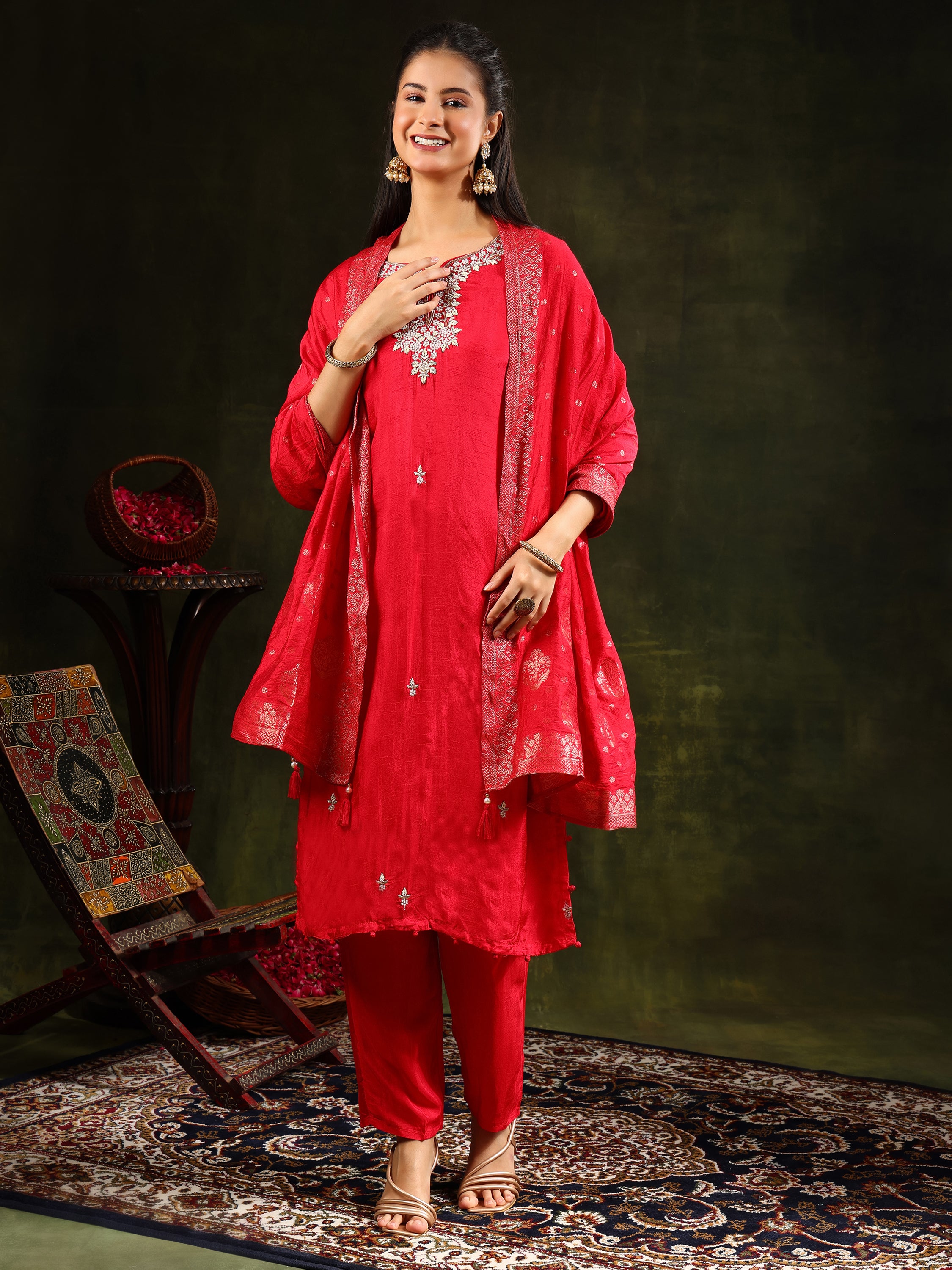 Hand Embroidered kurta with pant & banarasi Silk Dupatta