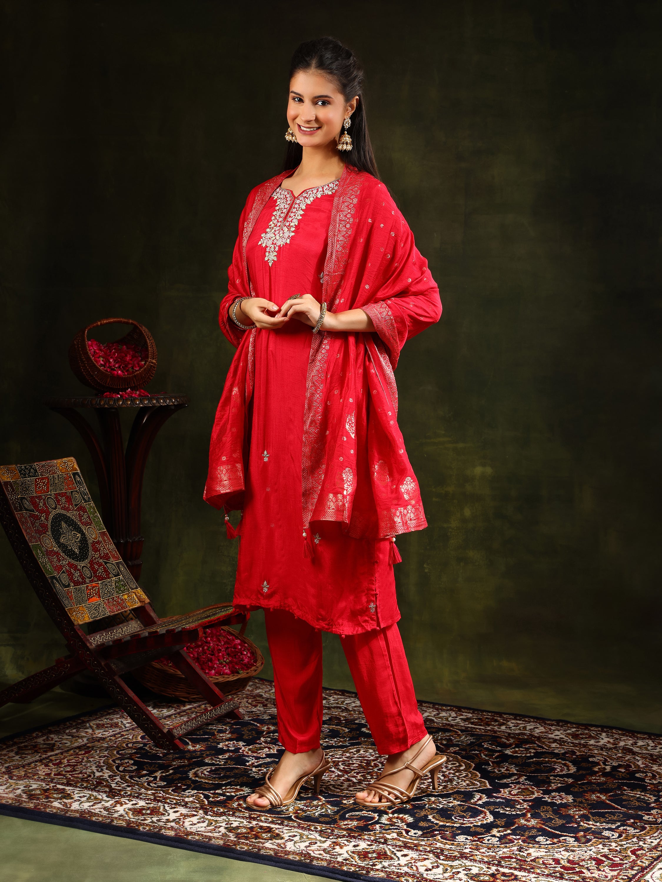 Hand Embroidered kurta with pant & banarasi Silk Dupatta