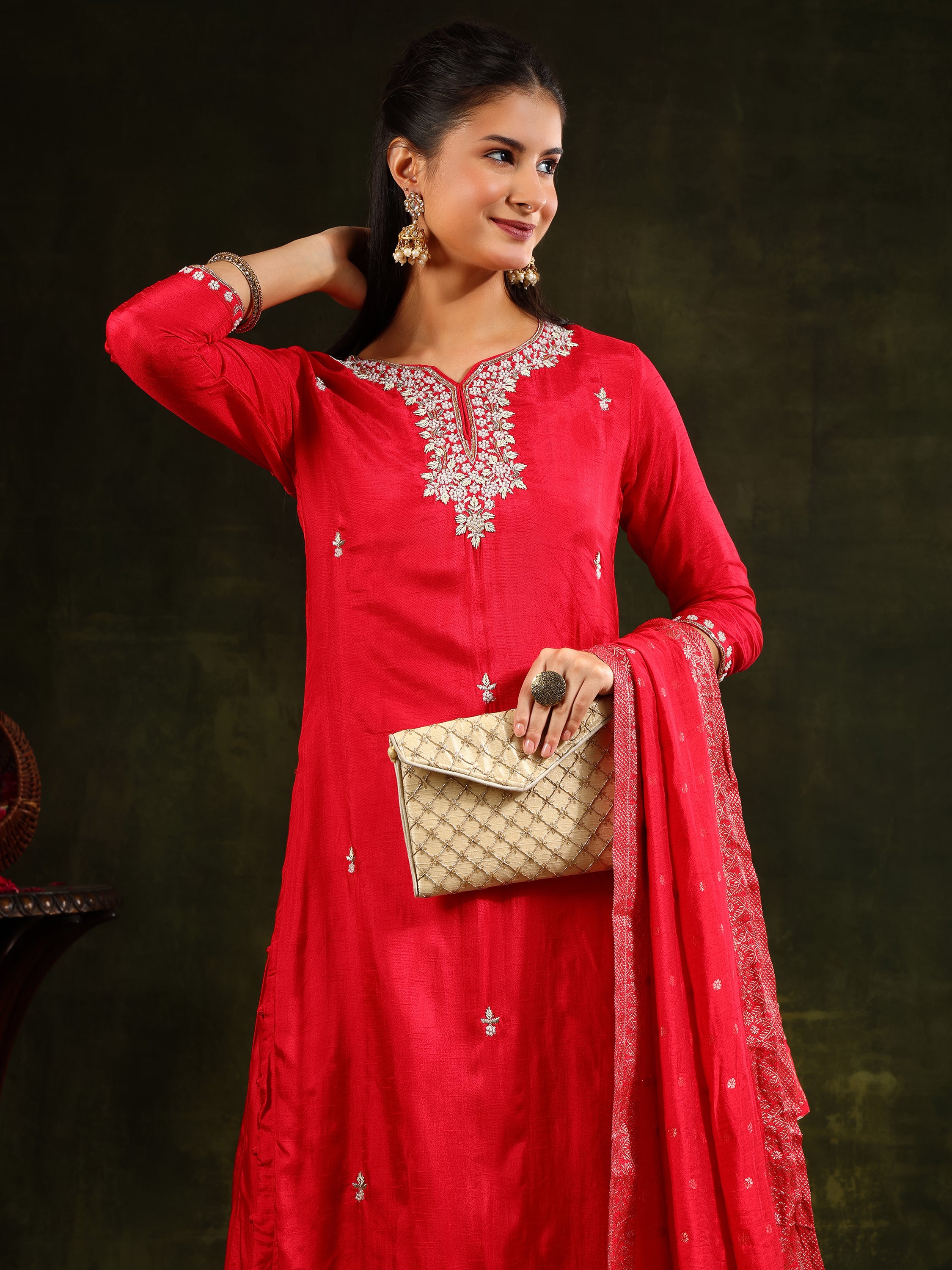 Hand Embroidered kurta with pant & banarasi Silk Dupatta