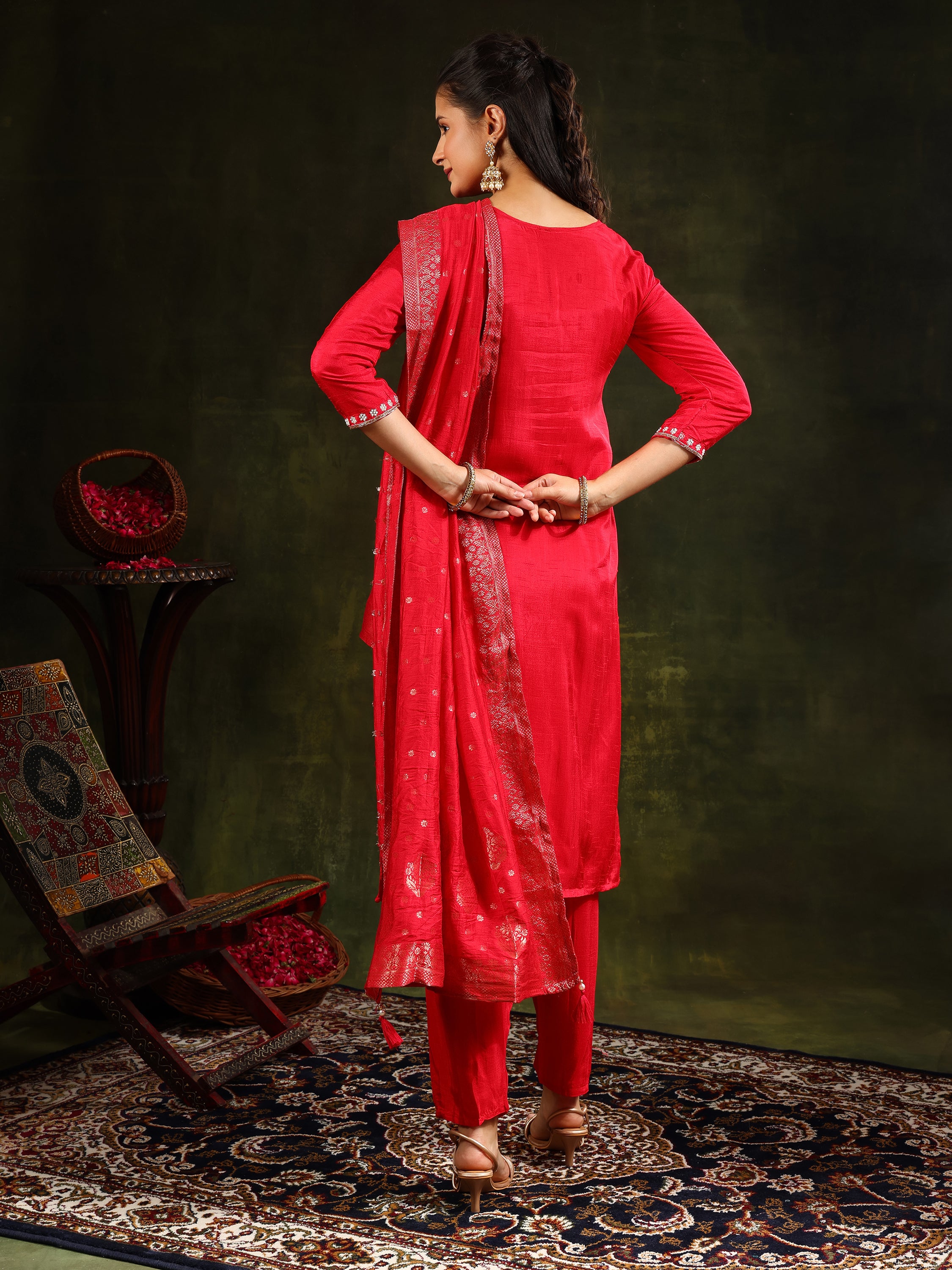 Hand Embroidered kurta with pant & banarasi Silk Dupatta