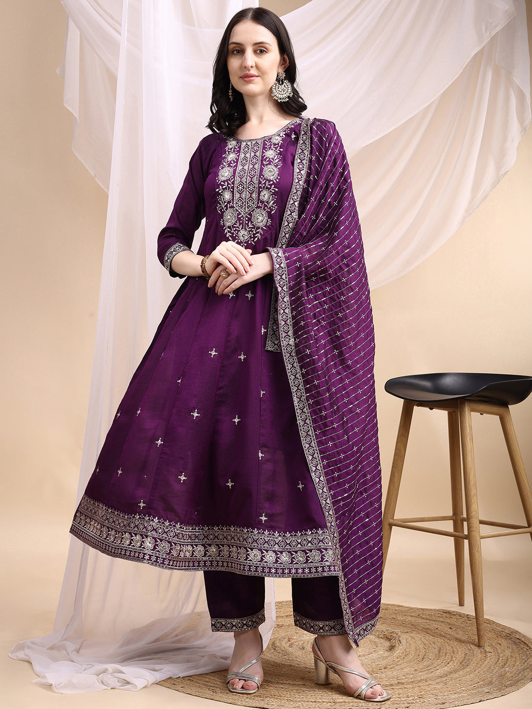 Embroidered Anarkali Kurta with Pant & Embroidered Dupatta