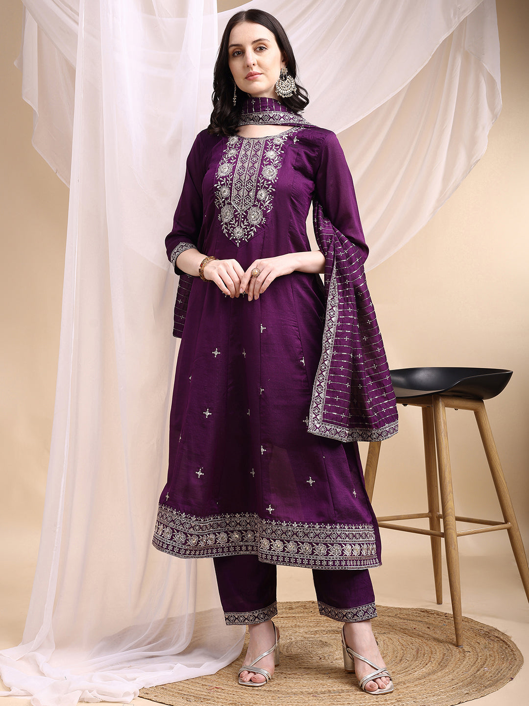 Embroidered Anarkali Kurta with Pant & Embroidered Dupatta