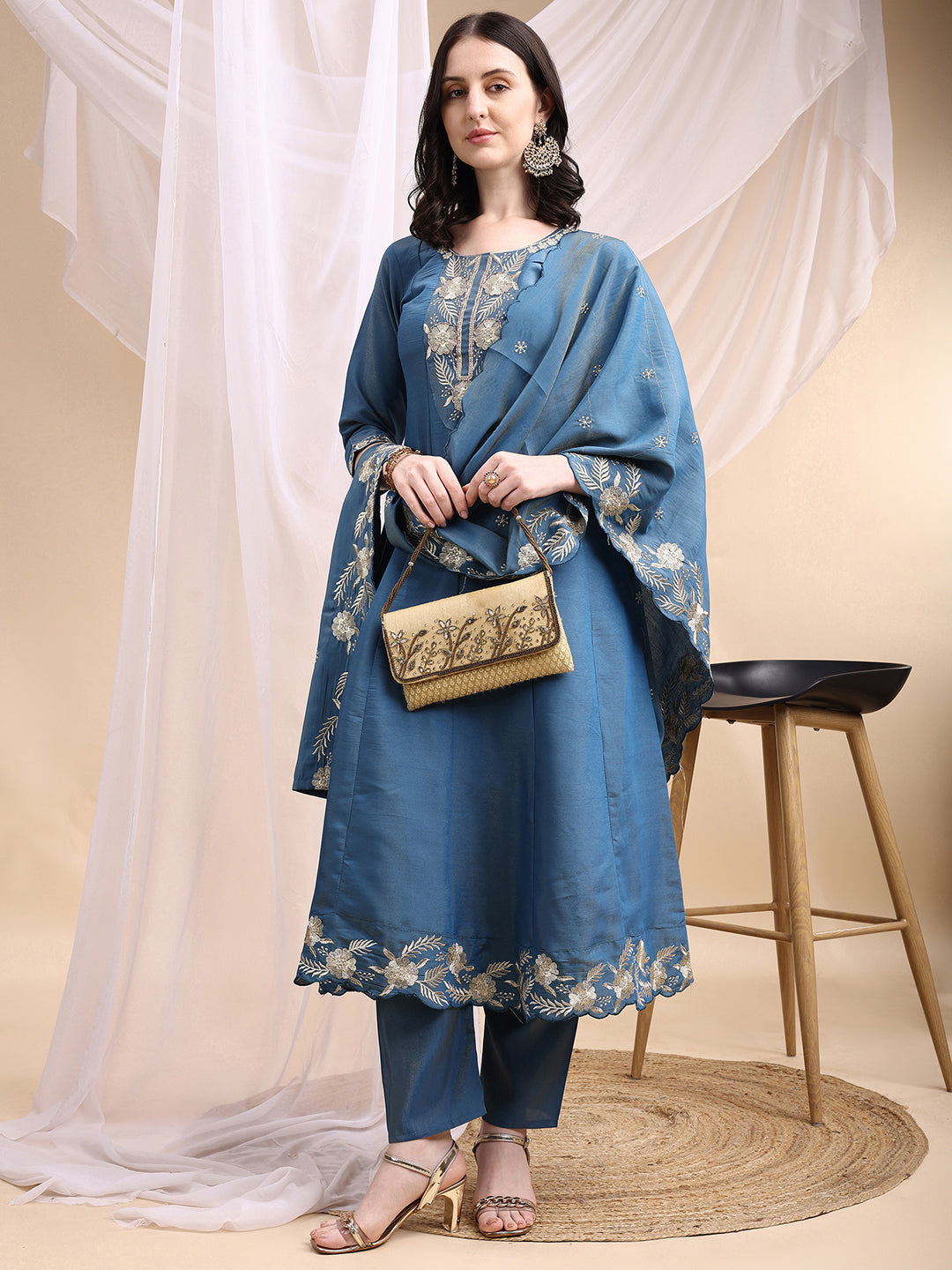 Hand Embroidered Anarkali Kurta with Pant & Embroidered Dupatta