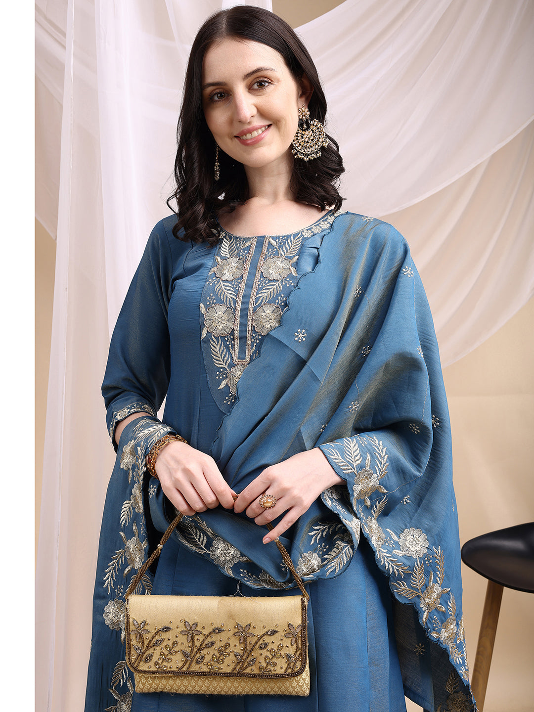 Hand Embroidered Anarkali Kurta with Pant & Embroidered Dupatta