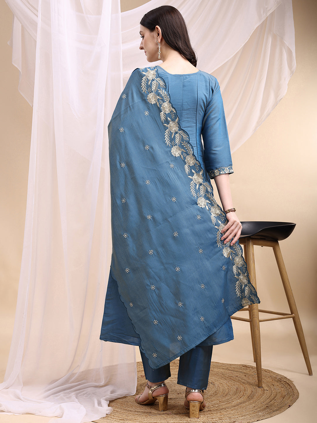 Hand Embroidered Anarkali Kurta with Pant & Embroidered Dupatta