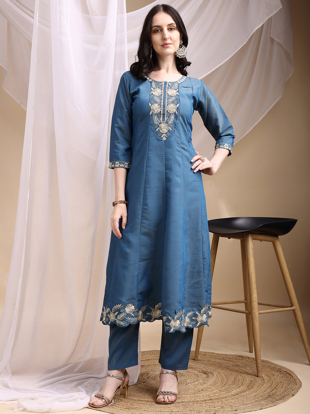 Hand Embroidered Anarkali Kurta with Pant & Embroidered Dupatta