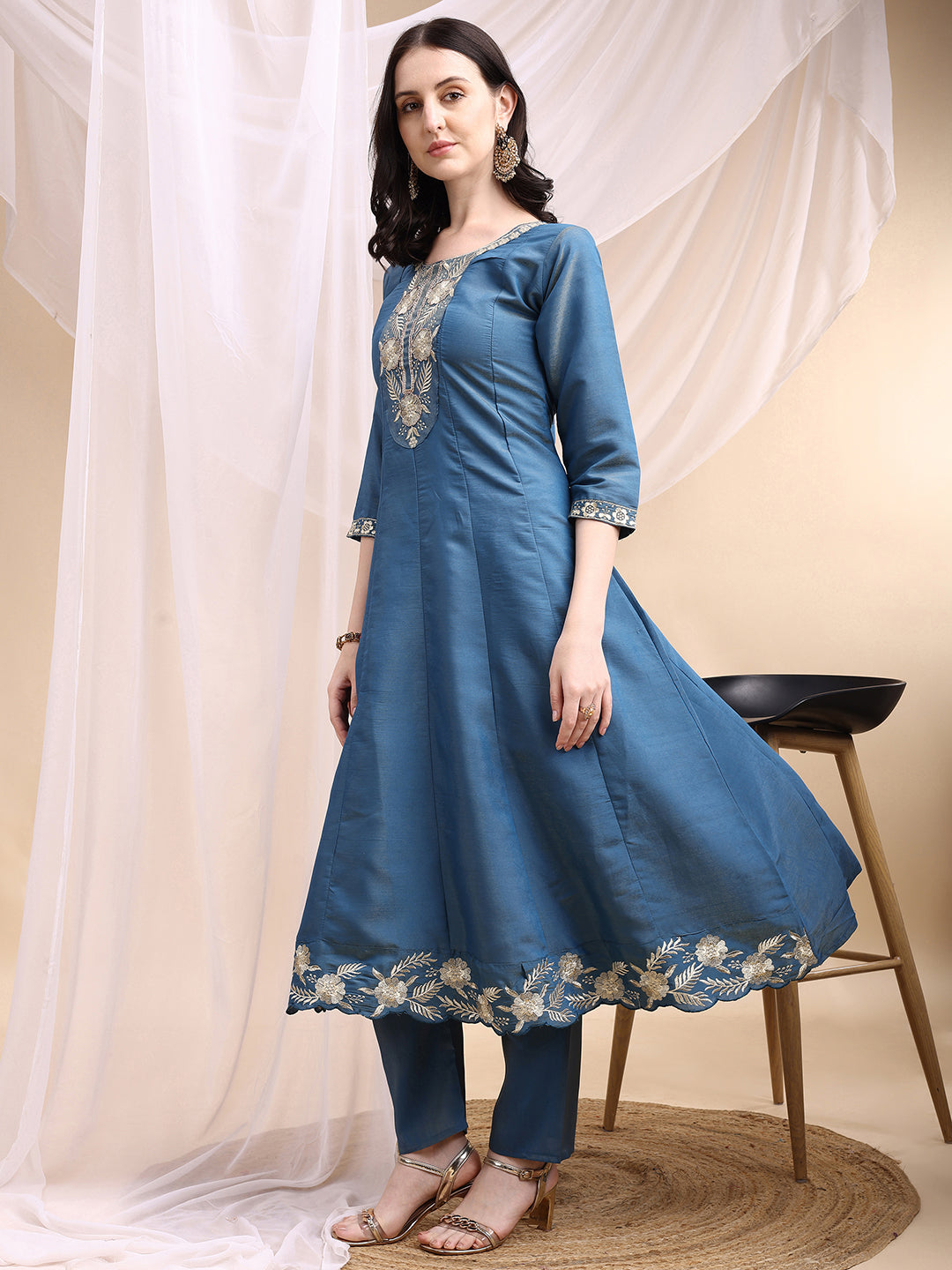 Hand Embroidered Anarkali Kurta with Pant & Embroidered Dupatta