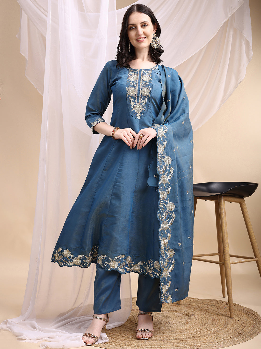 Hand Embroidered Anarkali Kurta with Pant & Embroidered Dupatta
