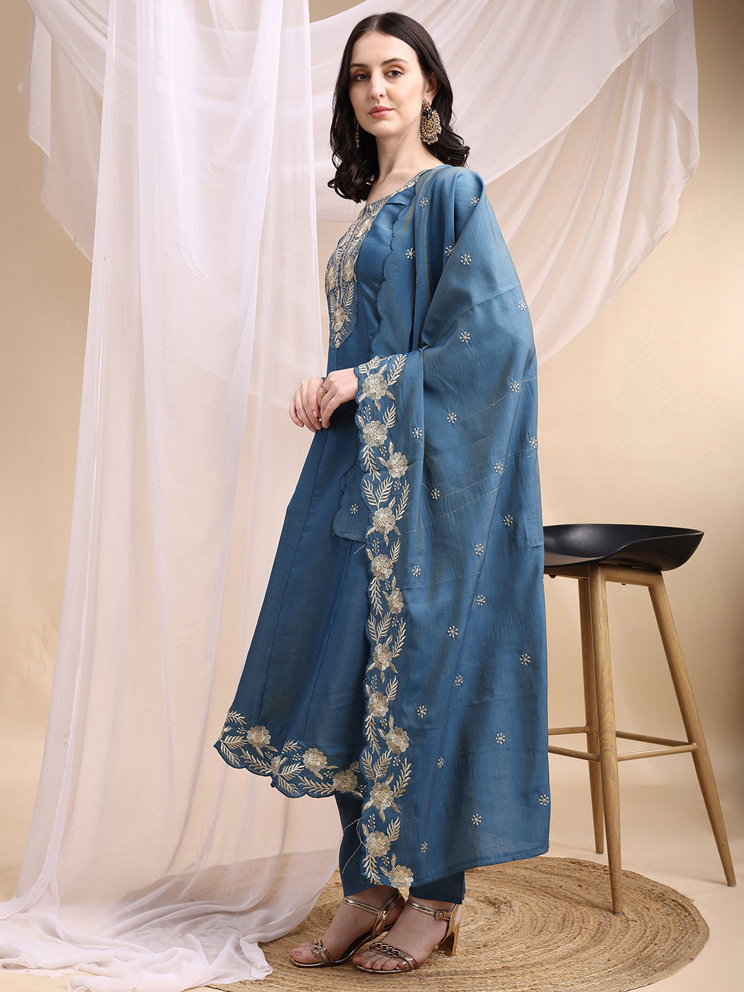 Hand Embroidered Anarkali Kurta with Pant & Embroidered Dupatta