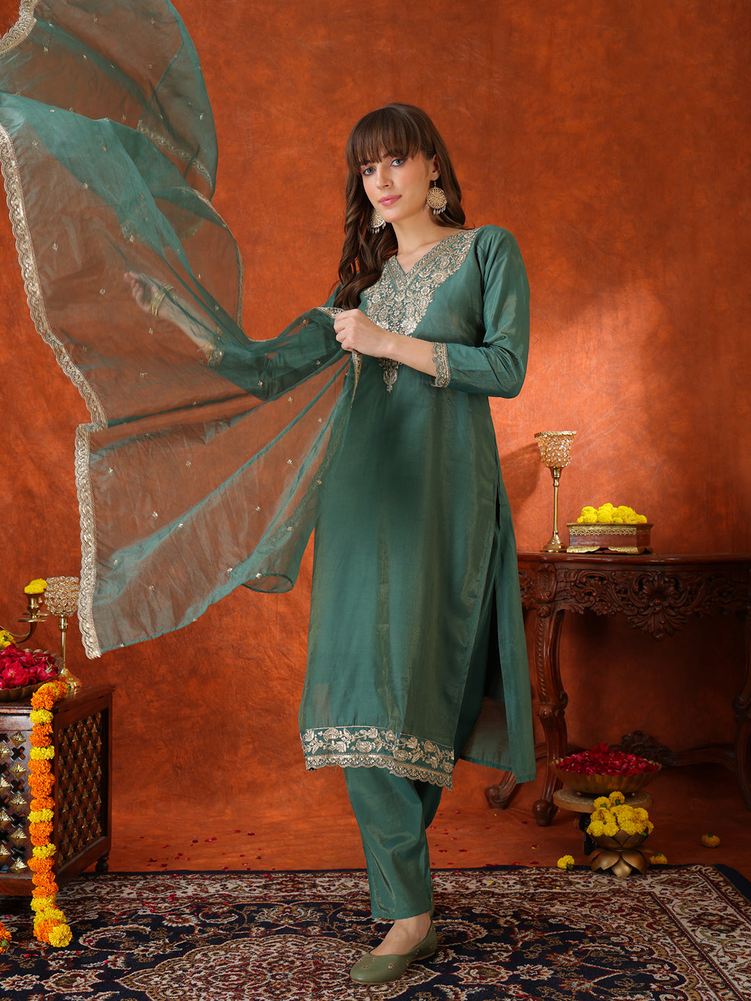 Sequin Embroidered Kurta with Pant & Embroidered Organza Dupatta