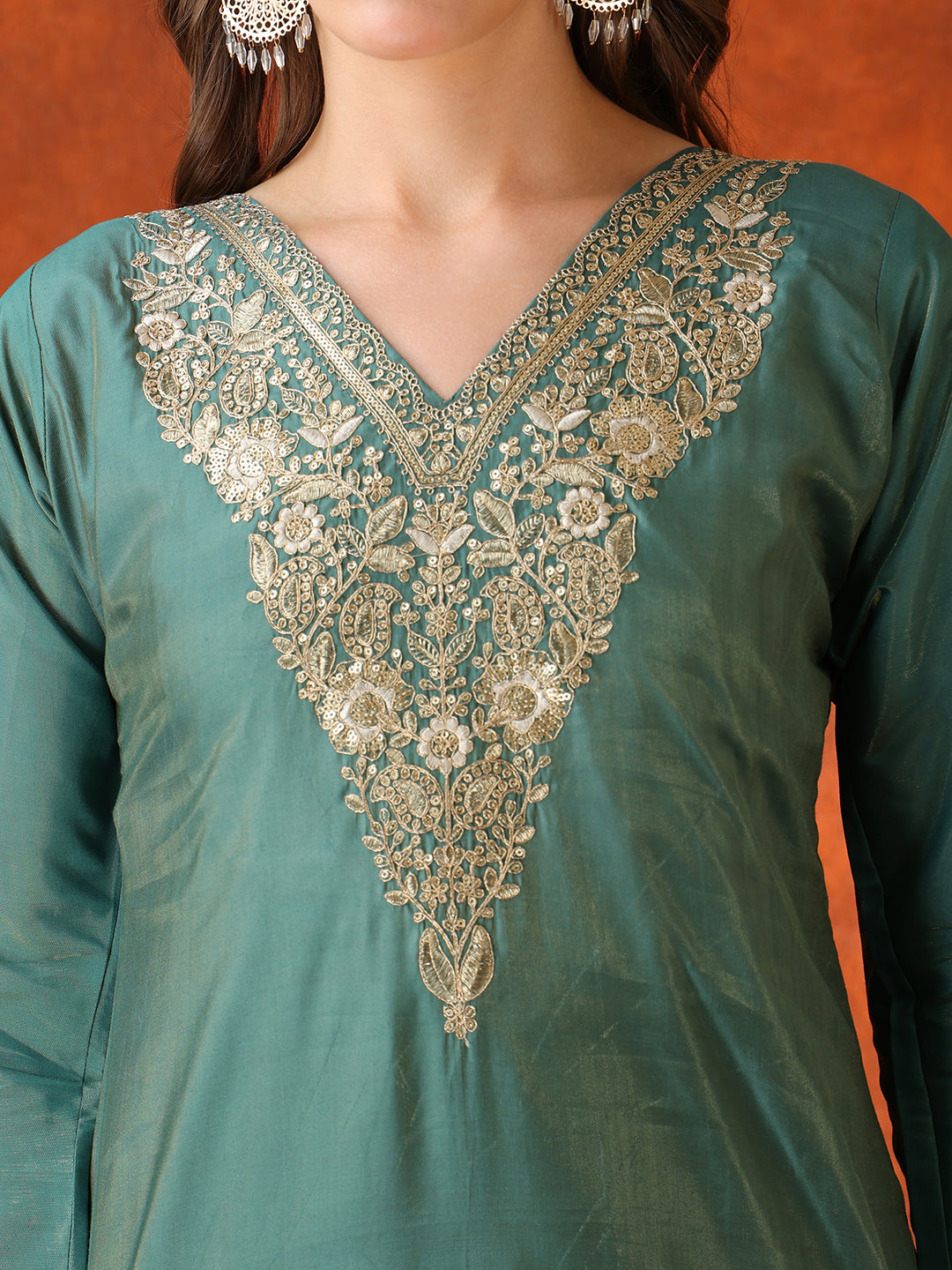 Sequin Embroidered Kurta with Pant & Embroidered Organza Dupatta
