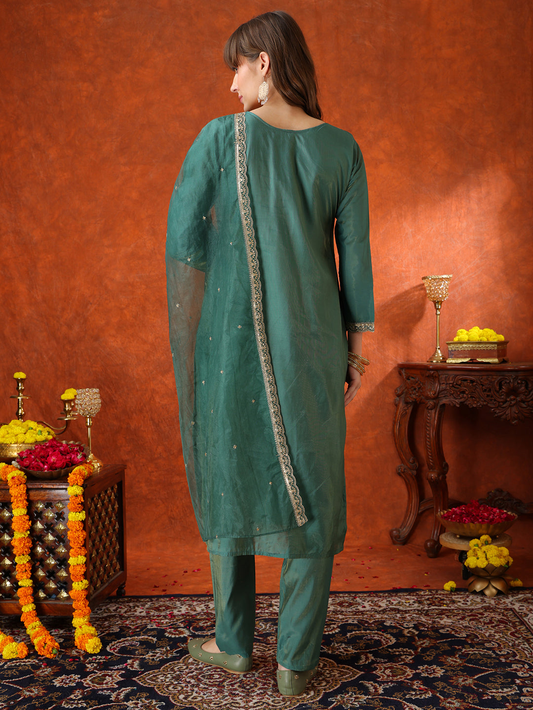 Sequin Embroidered Kurta with Pant & Embroidered Organza Dupatta