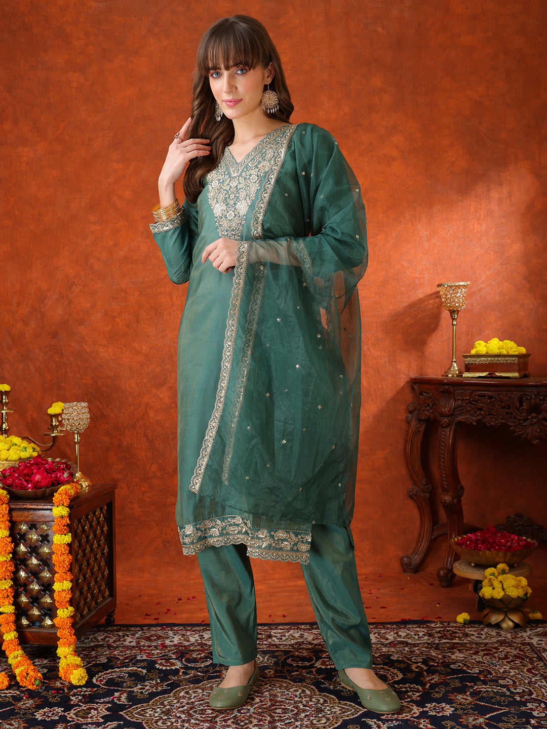 Sequin Embroidered Kurta with Pant & Embroidered Organza Dupatta