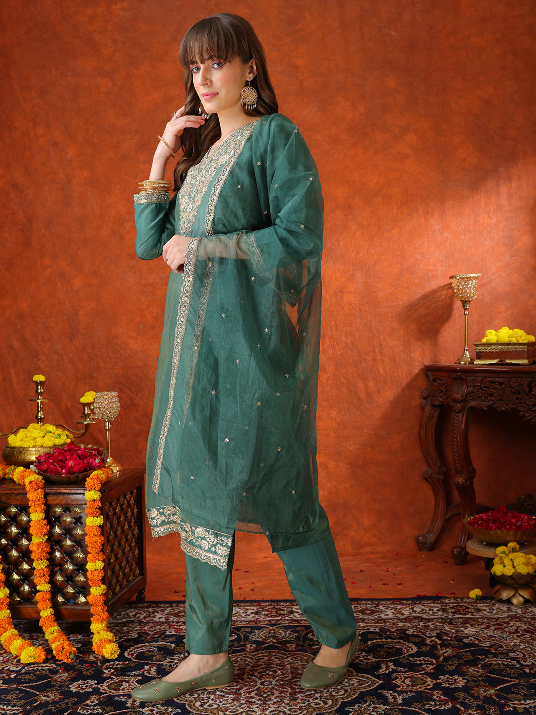 Sequin Embroidered Kurta with Pant & Embroidered Organza Dupatta