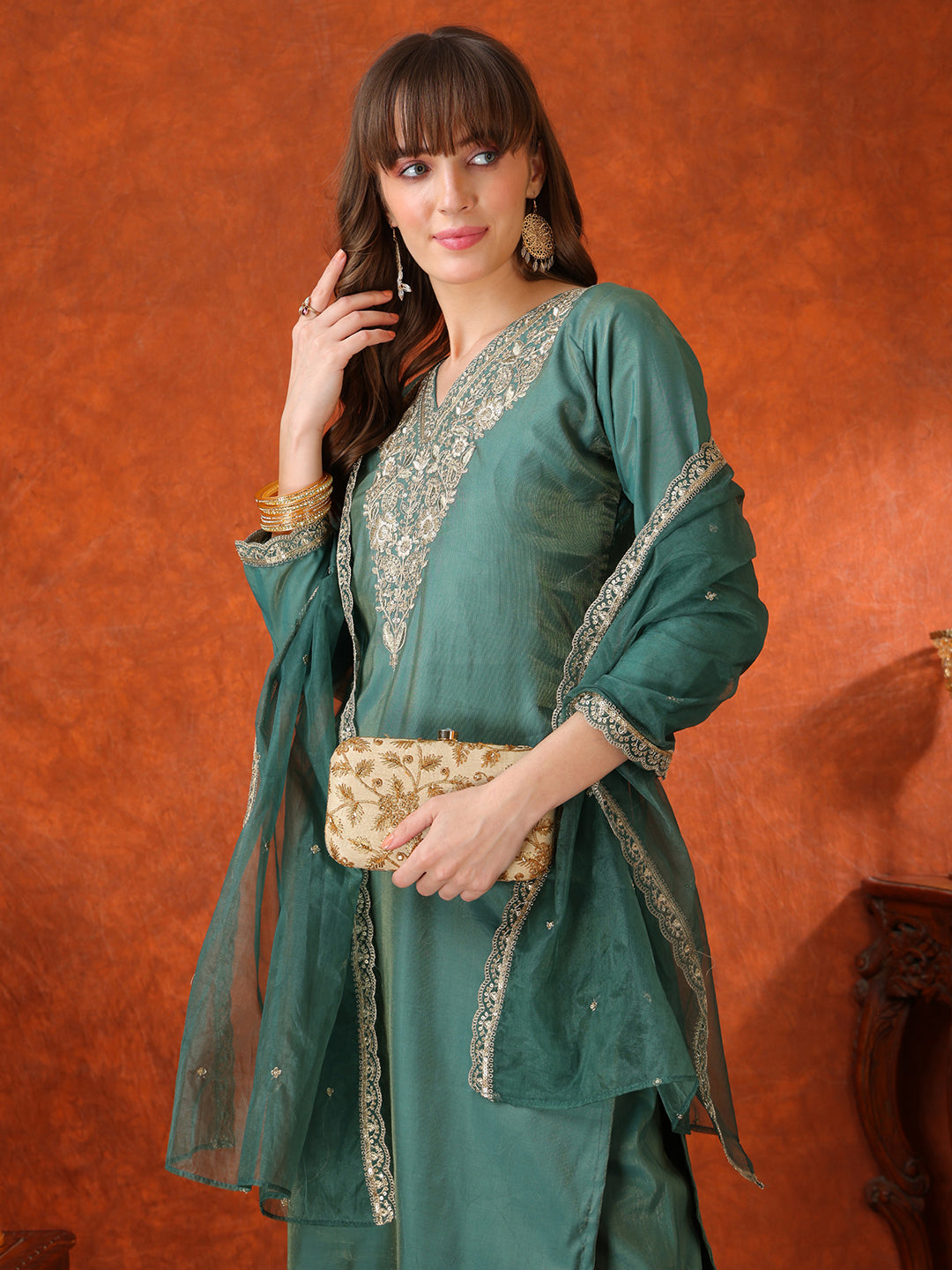 Sequin Embroidered Kurta with Pant & Embroidered Organza Dupatta