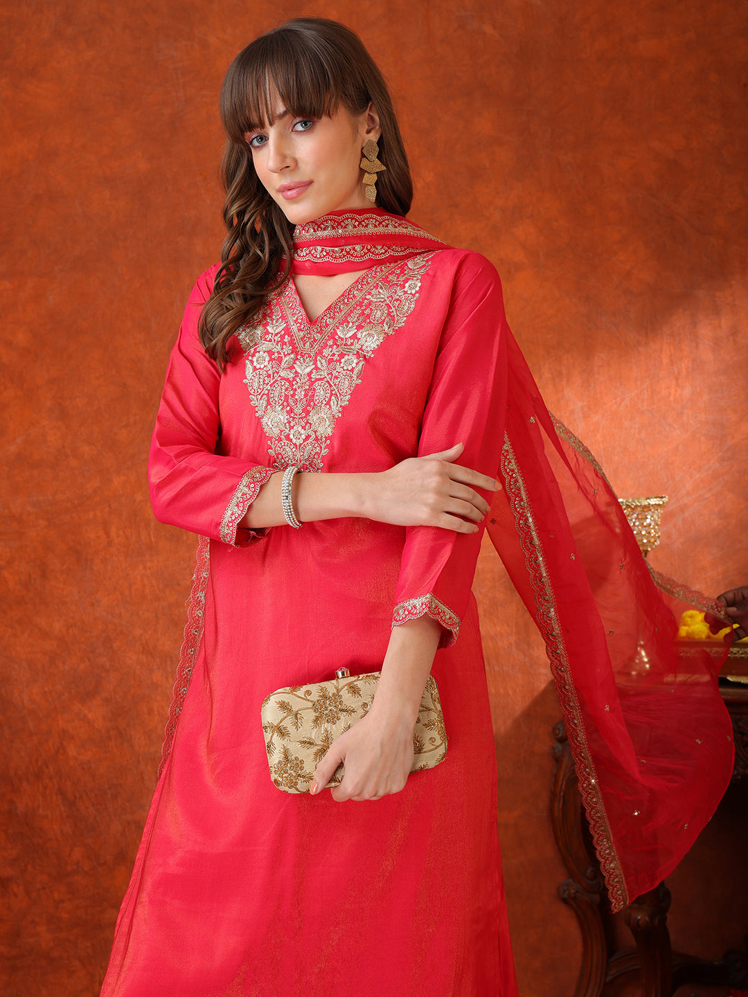 Sequin Embroidered Kurta with Pant & Embroidered Organza Dupatta