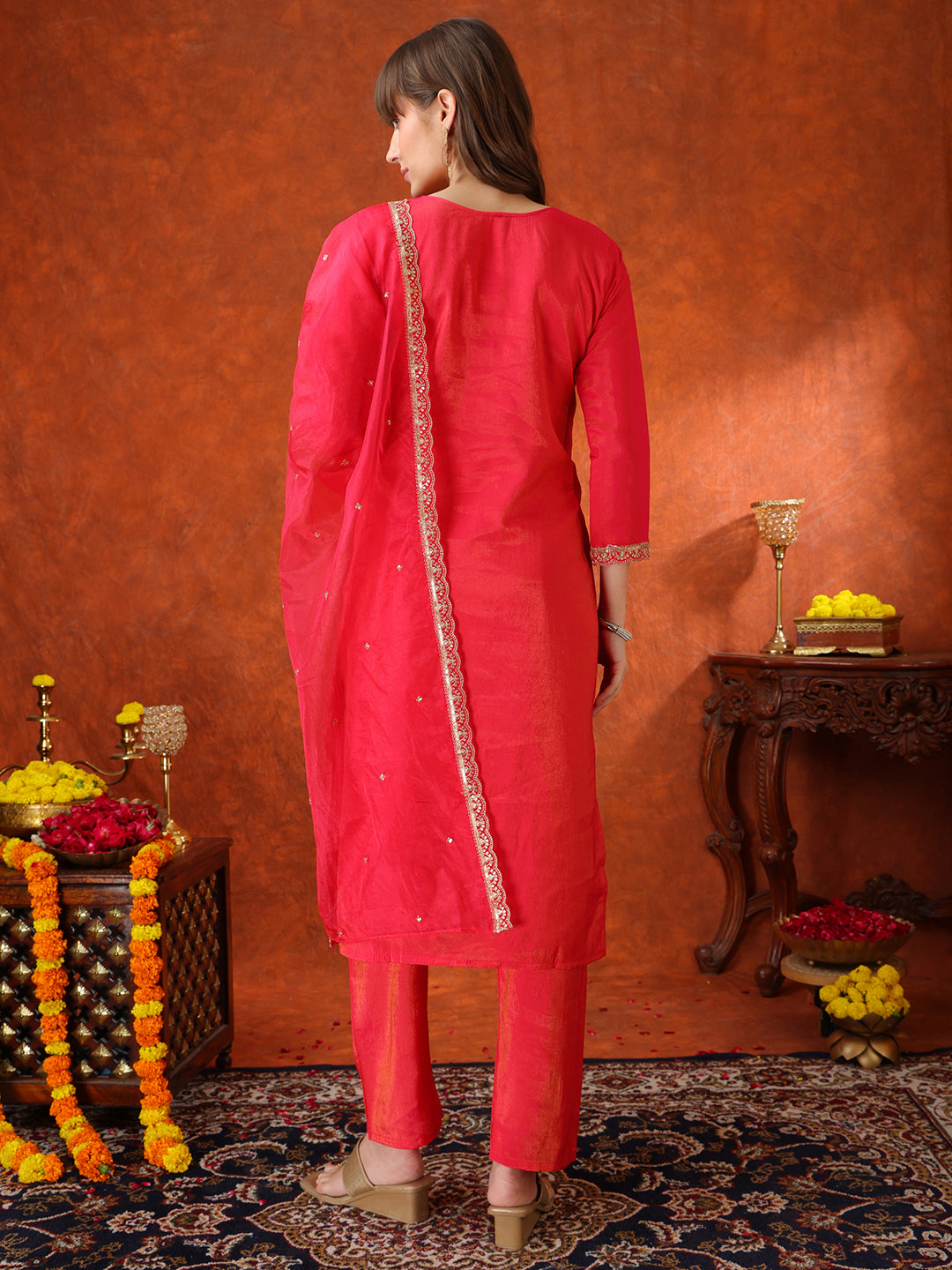 Sequin Embroidered Kurta with Pant & Embroidered Organza Dupatta