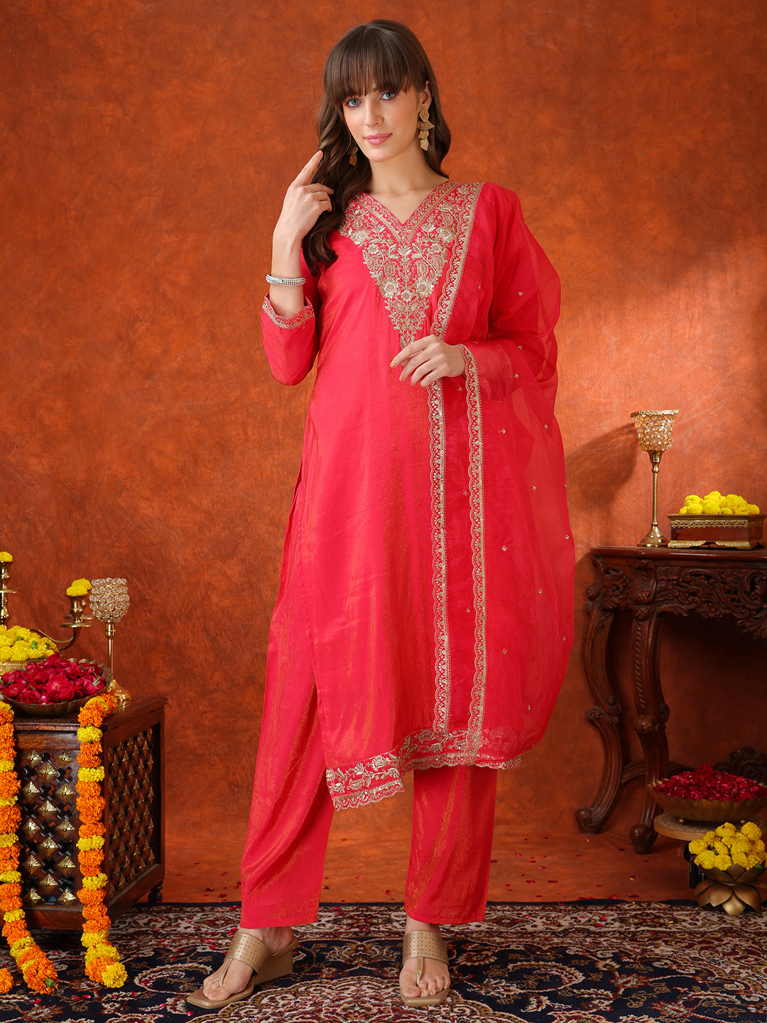 Sequin Embroidered Kurta with Pant & Embroidered Organza Dupatta