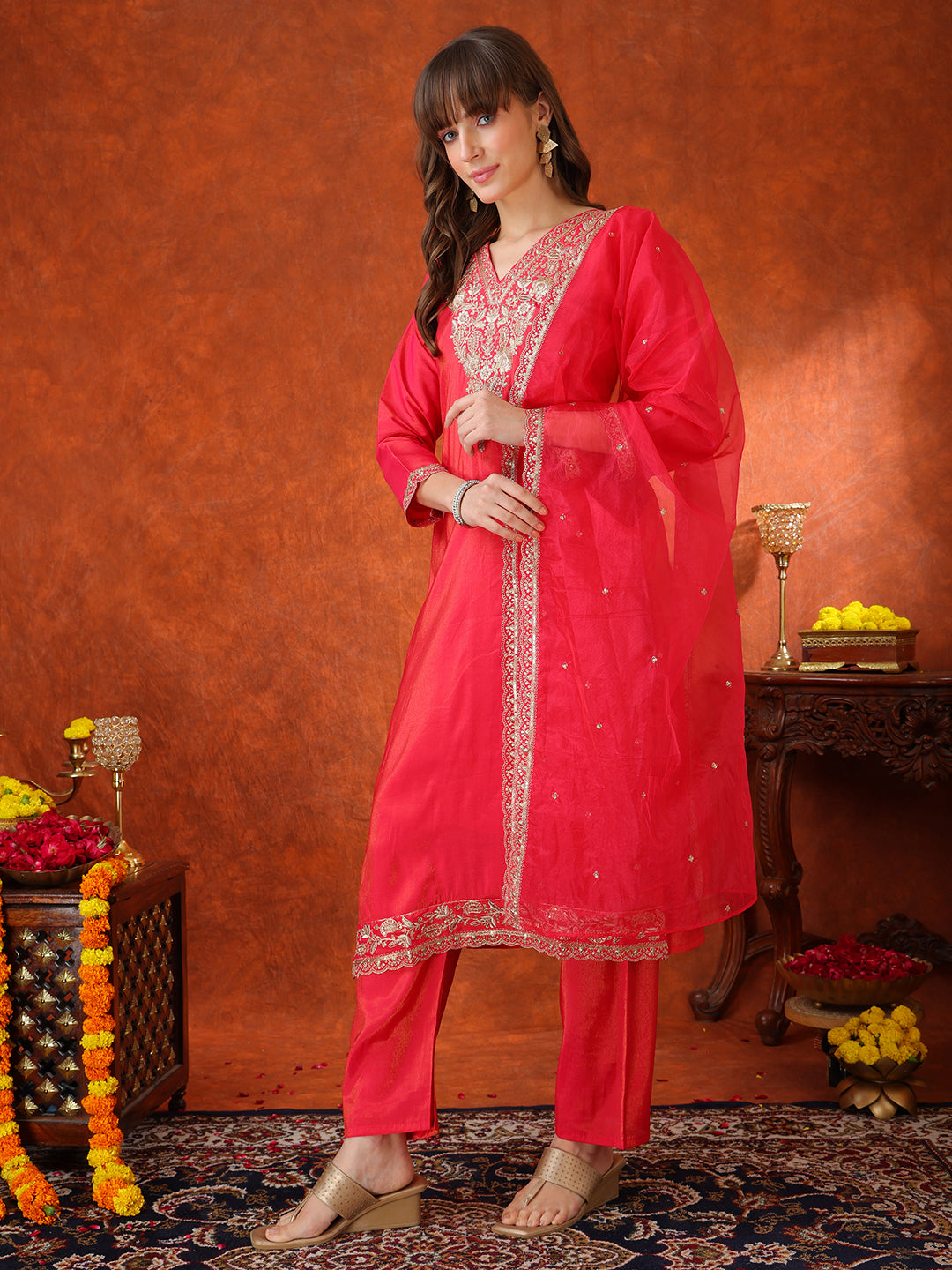Sequin Embroidered Kurta with Pant & Embroidered Organza Dupatta