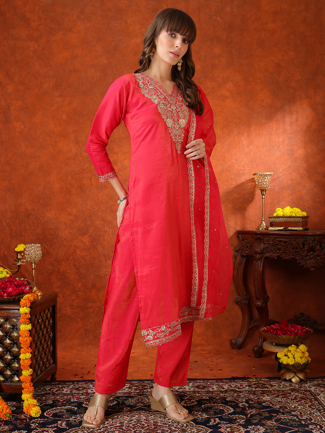 Sequin Embroidered Kurta with Pant & Embroidered Organza Dupatta