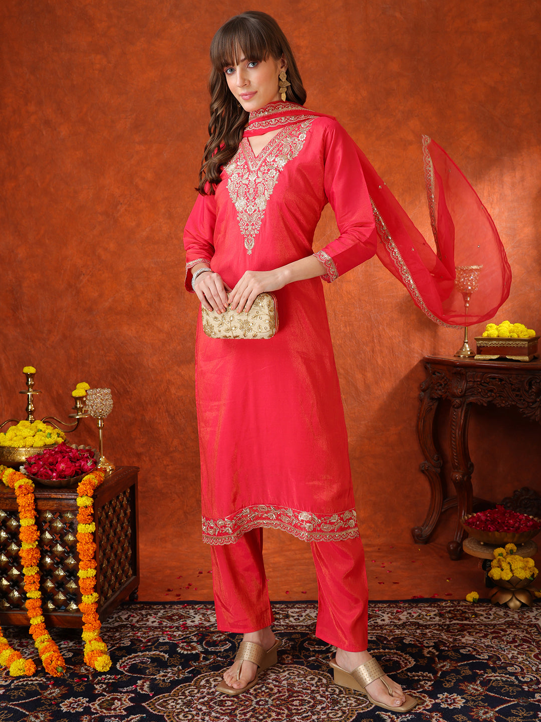Sequin Embroidered Kurta with Pant & Embroidered Organza Dupatta