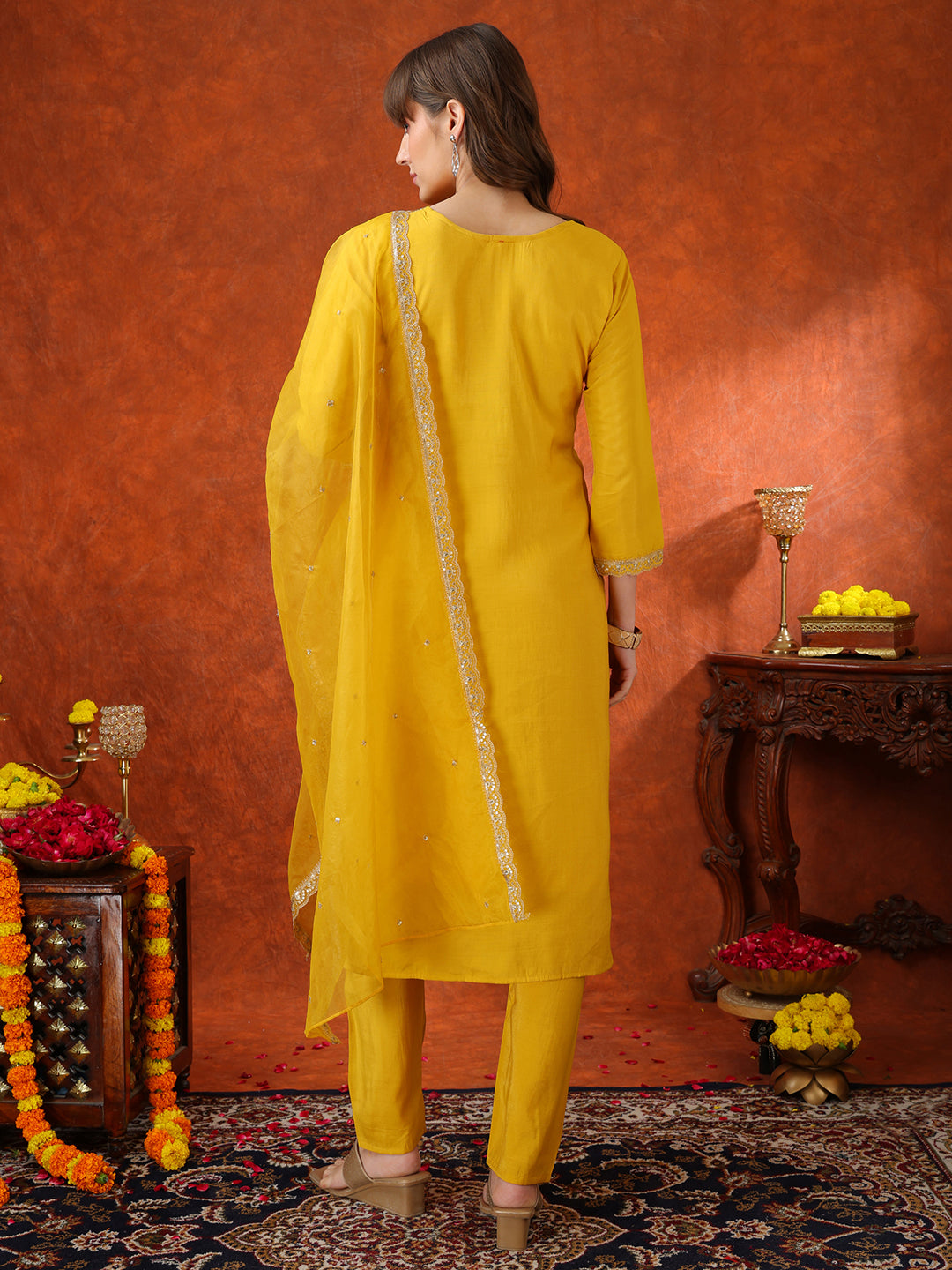 Sequin Embroidered Kurta with Pant & Embroidered Organza Dupatta