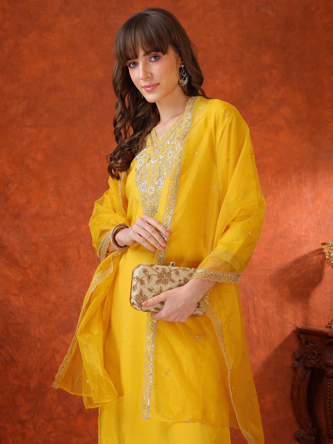 Sequin Embroidered Kurta with Pant & Embroidered Organza Dupatta