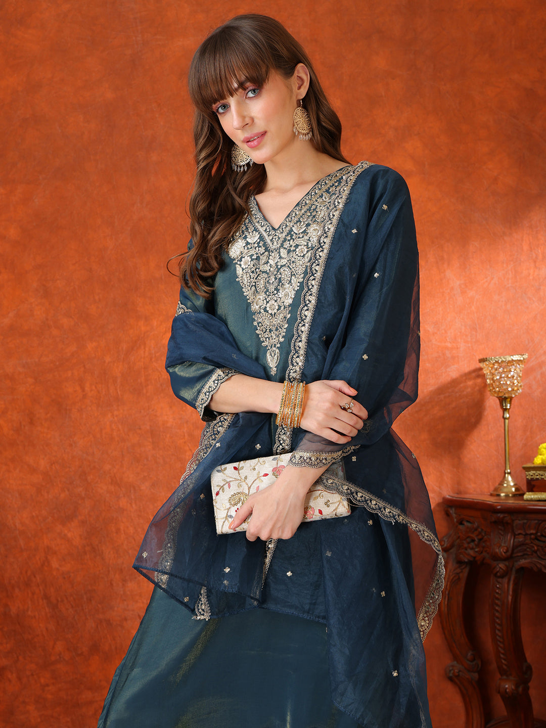 Sequin Embroidered Kurta with Pant & Embroidered Organza Dupatta