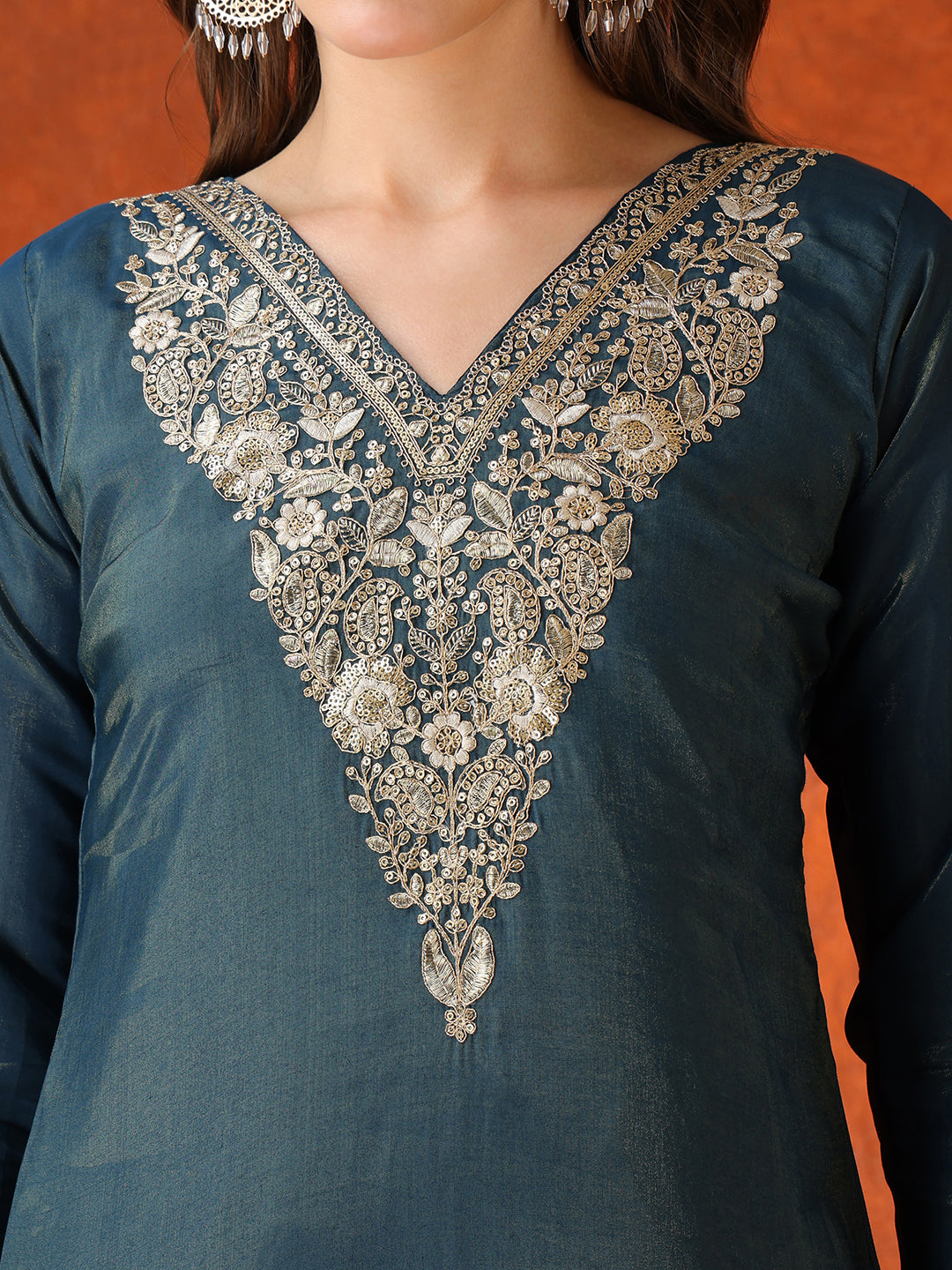 Sequin Embroidered Kurta with Pant & Embroidered Organza Dupatta