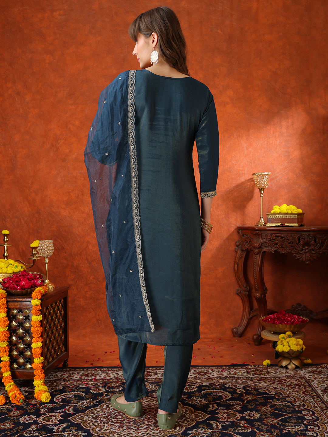 Sequin Embroidered Kurta with Pant & Embroidered Organza Dupatta