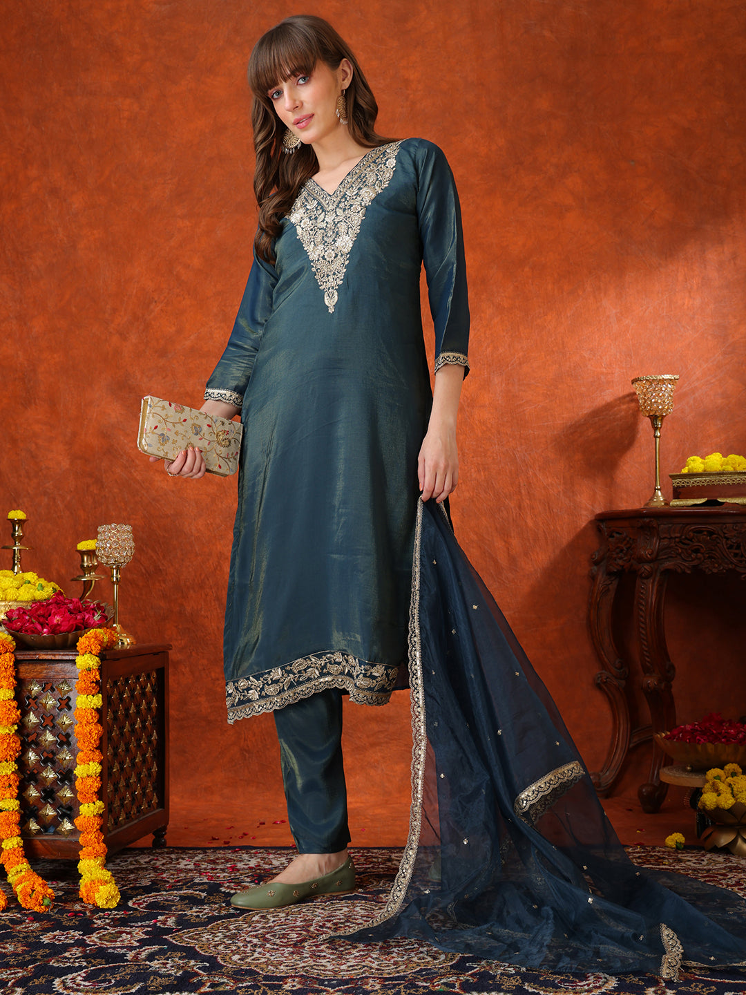 Sequin Embroidered Kurta with Pant & Embroidered Organza Dupatta