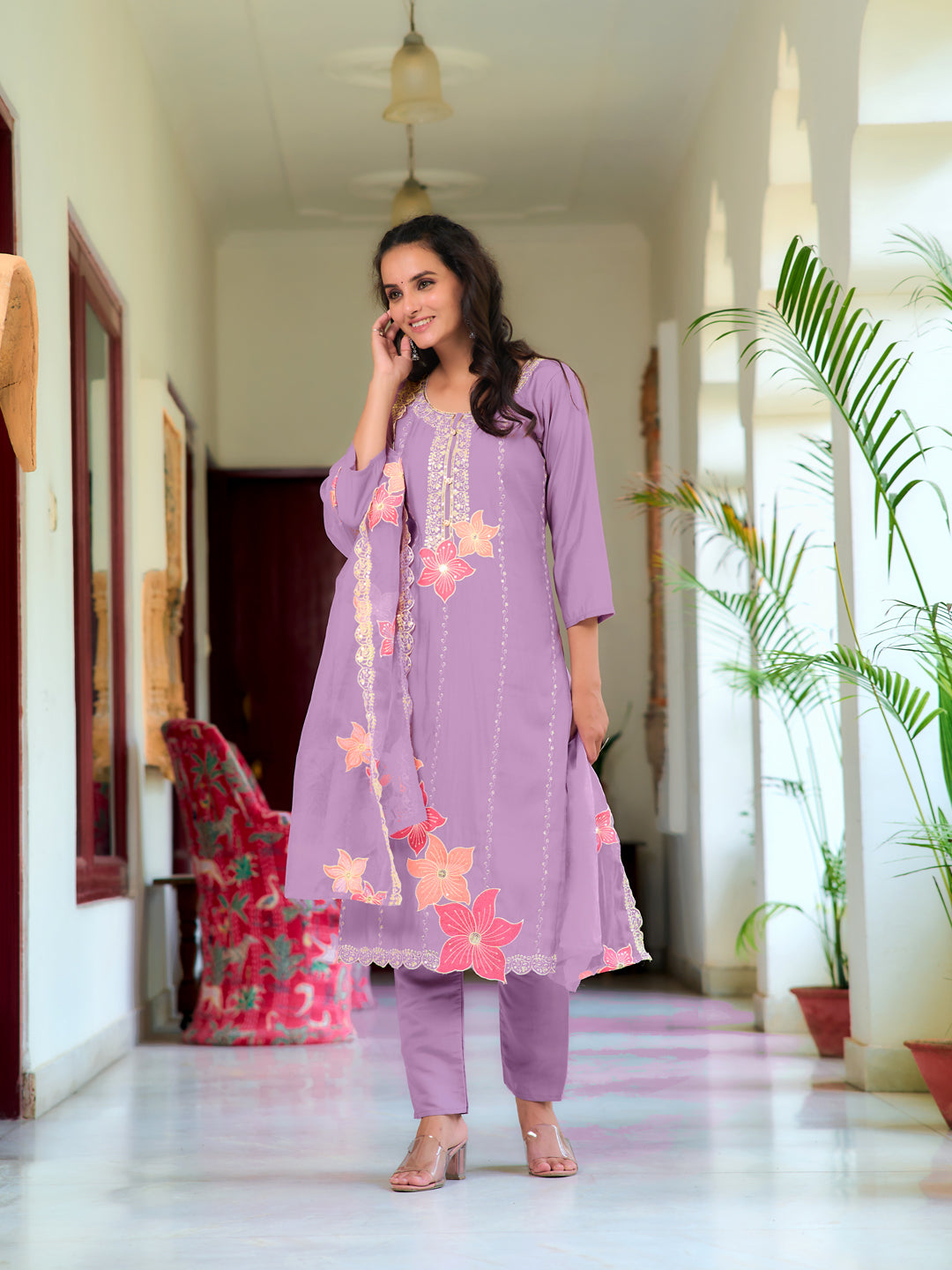 Full Front Embroidered Kurta with pant & Embroidered Organza Dupatta