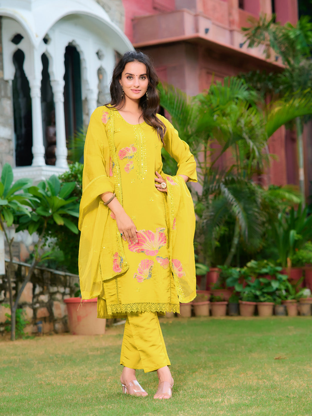 Full Front Embroidered Kurta with pant & Embroidered Organza Dupatta