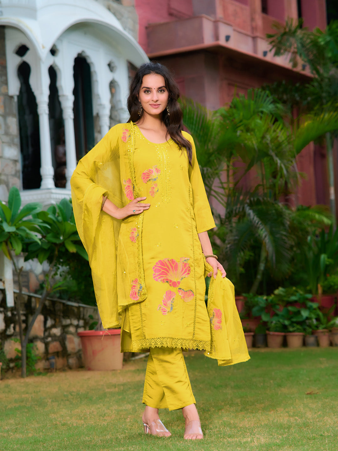 Full Front Embroidered Kurta with pant & Embroidered Organza Dupatta